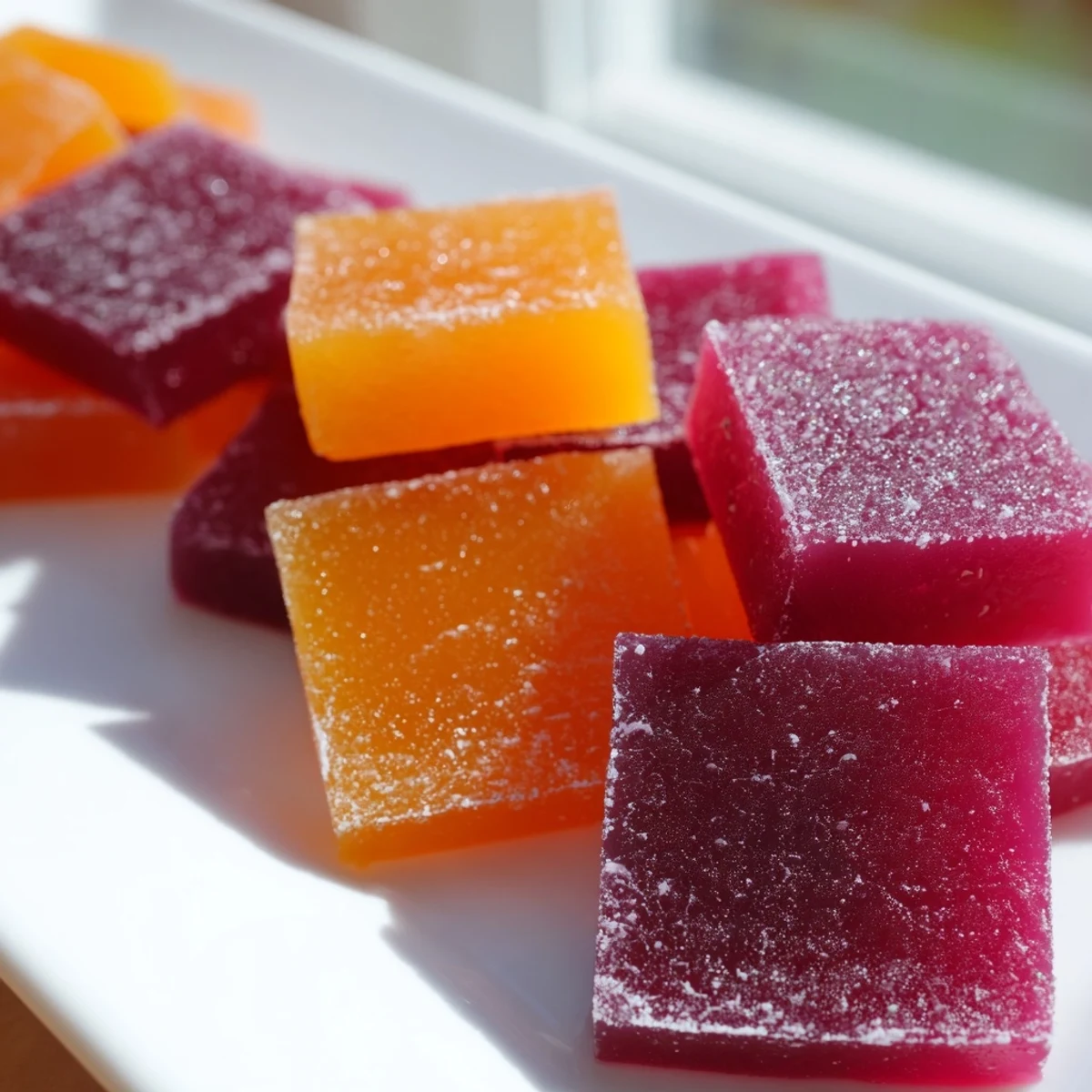 Glossy bite-sized collagen fruit jellies arranged on parchment paper ready for snacking
