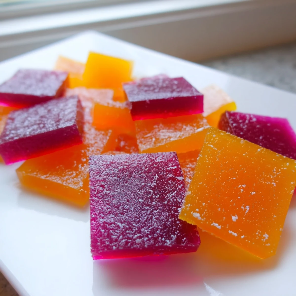 Sparkling jewel-toned collagen fruit jellies dusted with cornstarch in silicone molds