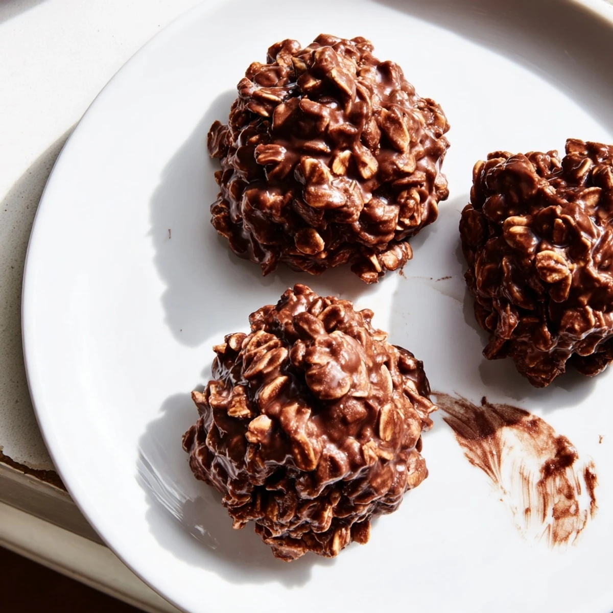 Fudgy chocolate oatmeal no bake cookies stacked on a rustic parchment-lined baking sheet