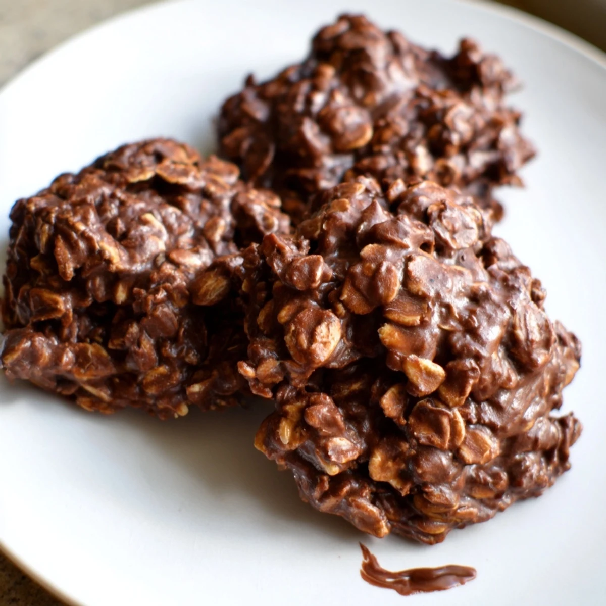 Glossy chocolate oatmeal no bake cookies dotted with hearty oats and peanut butter swirls