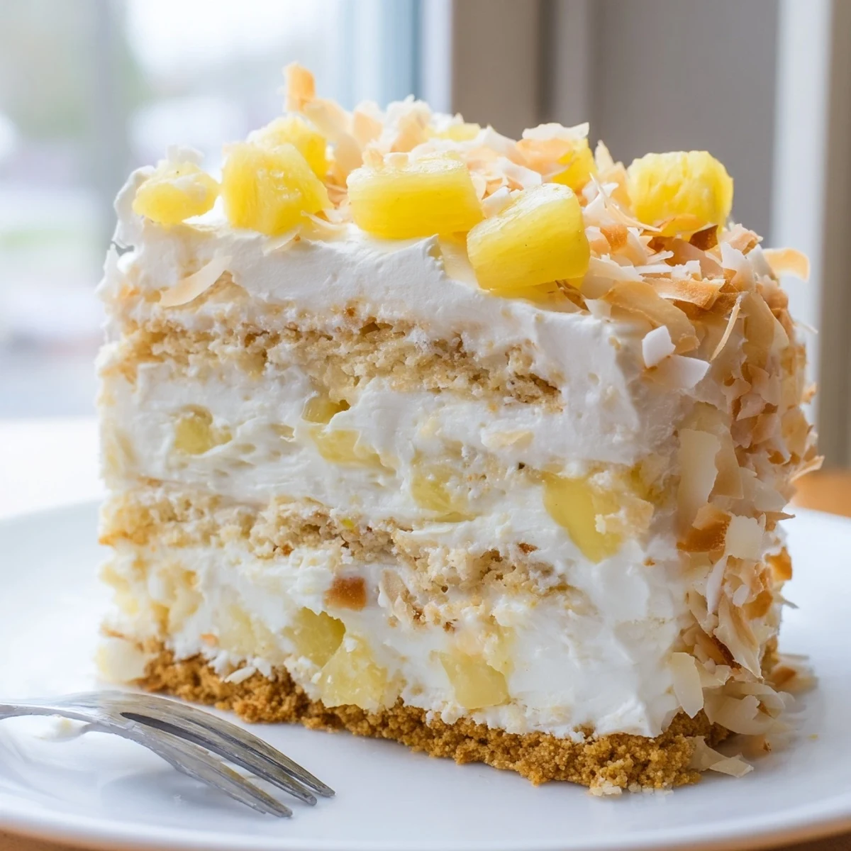 Creamy no bake pineapple coconut cream cake sliced and topped with golden toasted coconut flakes
