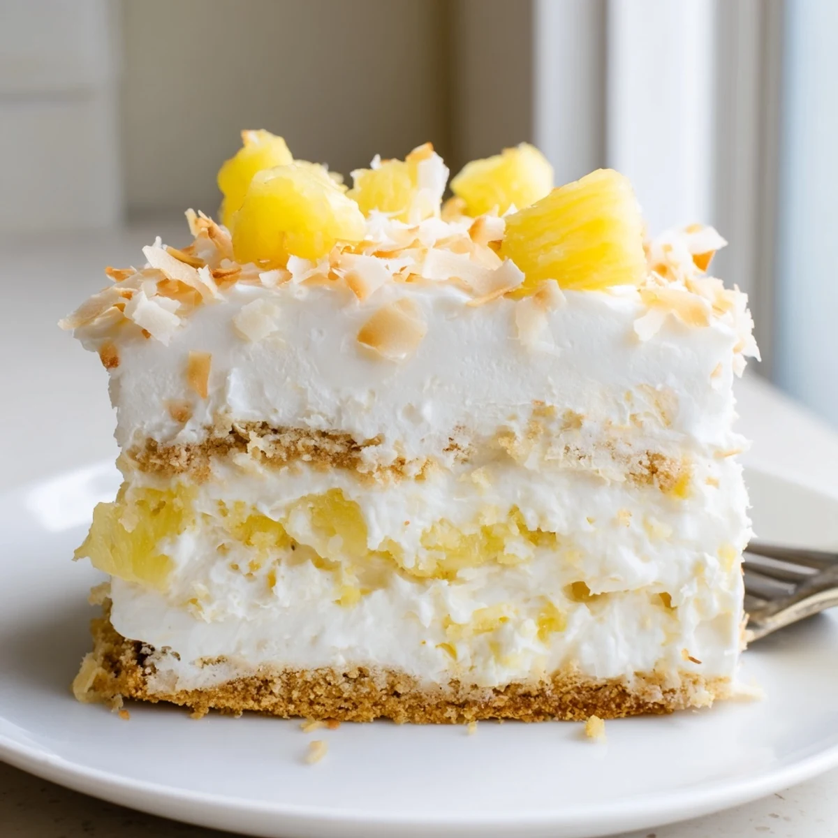 Chilled no bake pineapple coconut cream cake on a graham cracker crust with fresh pineapple