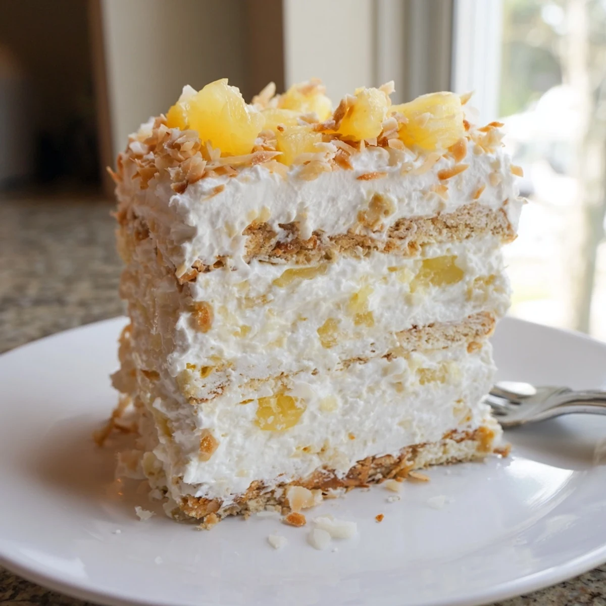Tall slice of no bake pineapple coconut cream cake garnished with juicy pineapple tidbits and coconut