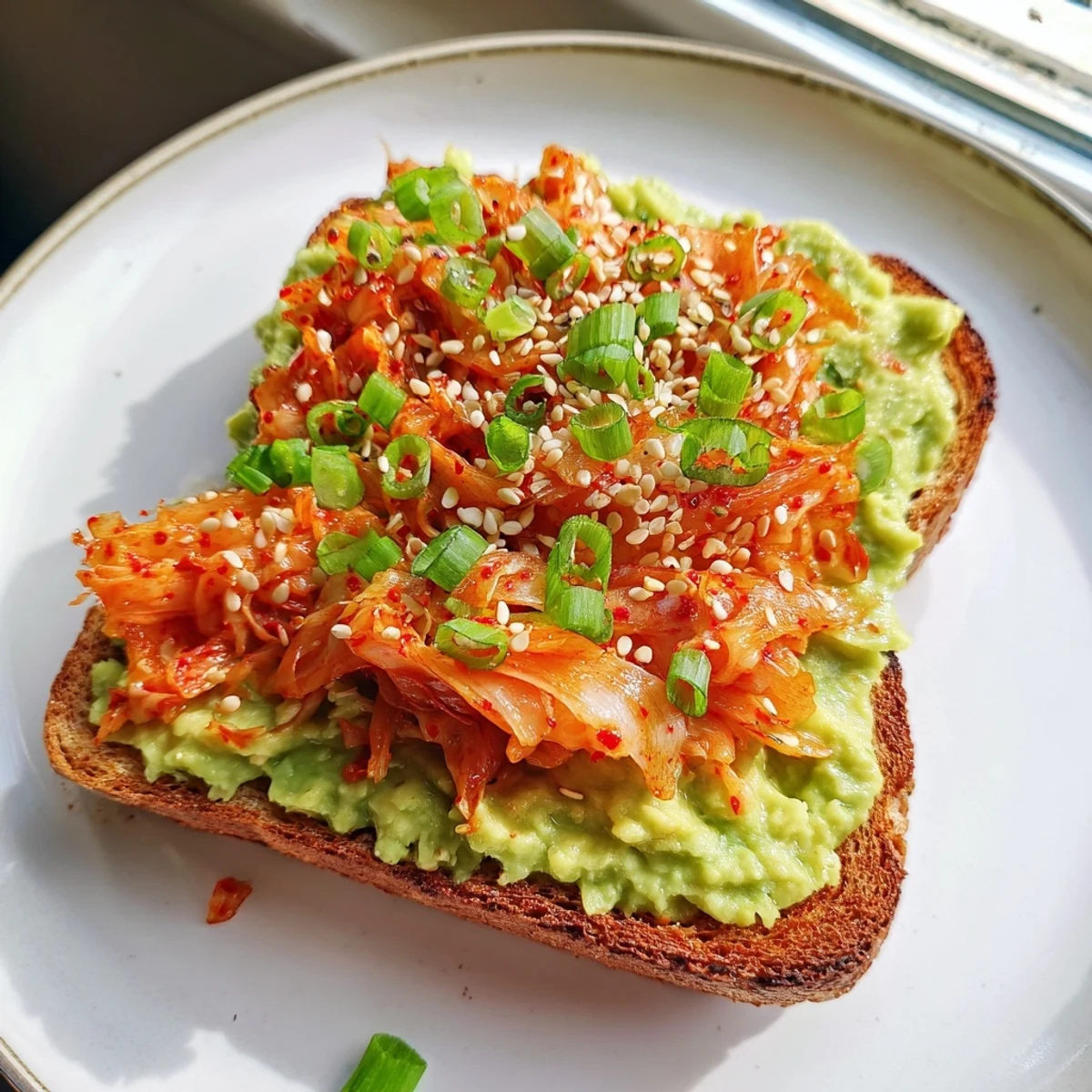 Golden sourdough Kimchi Avocado Toast topped with spicy fermented cabbage and sesame seeds