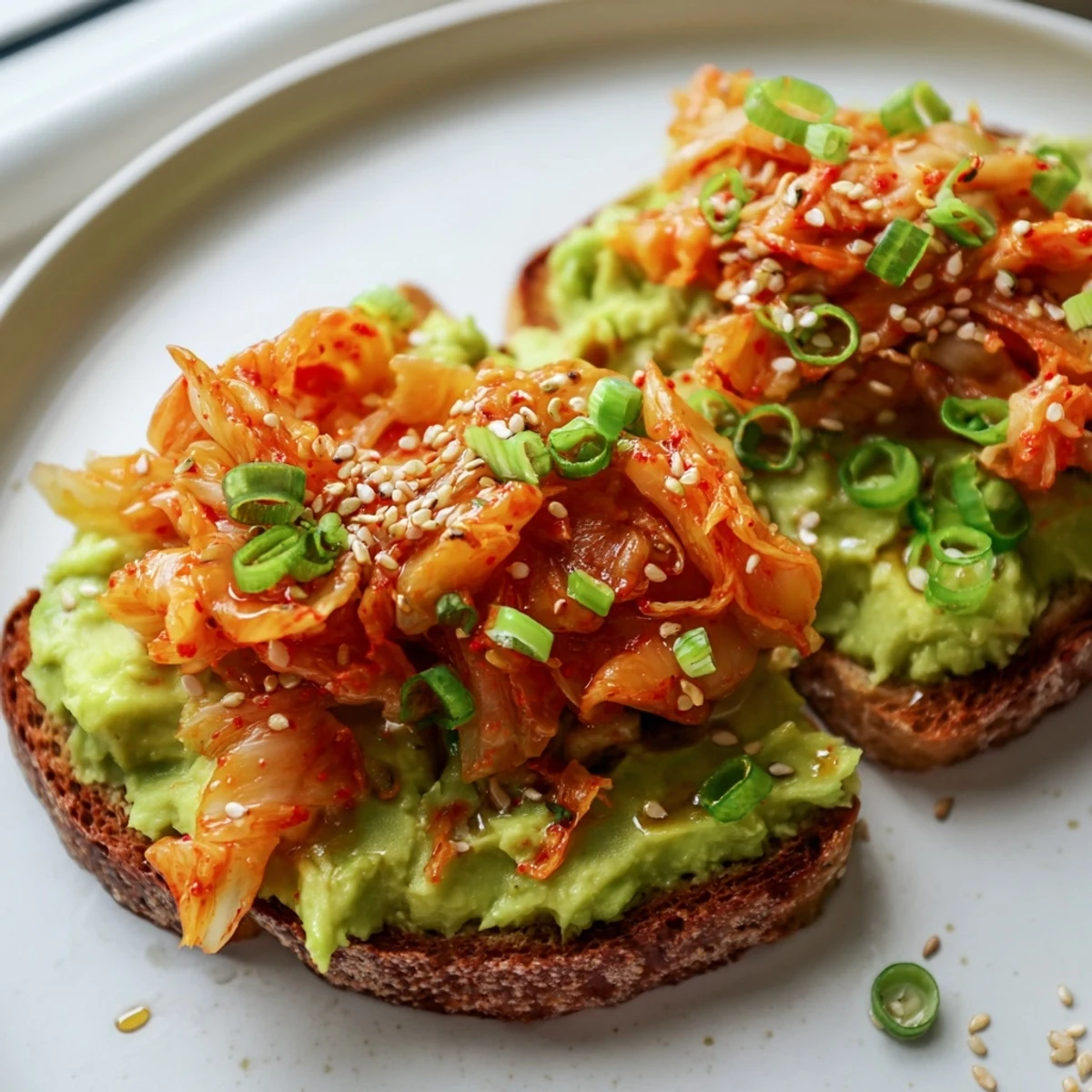 Creamy mashed avocado spread over crisp toast layered with tangy kimchi and scallions