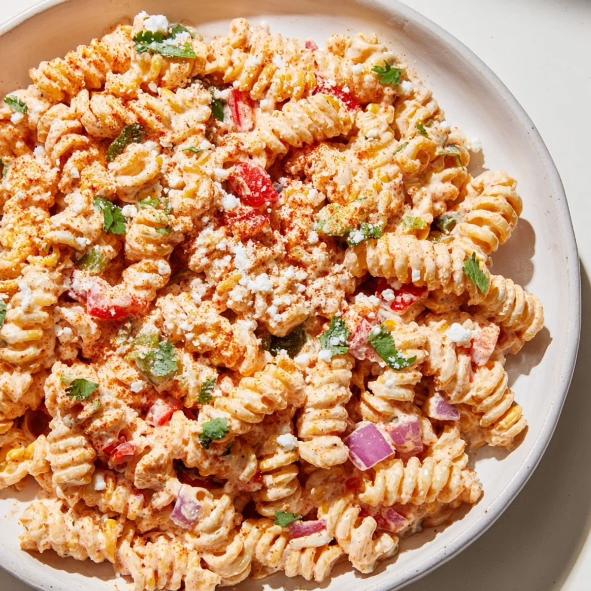 Creamy elote street corn pasta salad topped with crumbled Cotija cheese and fresh cilantro