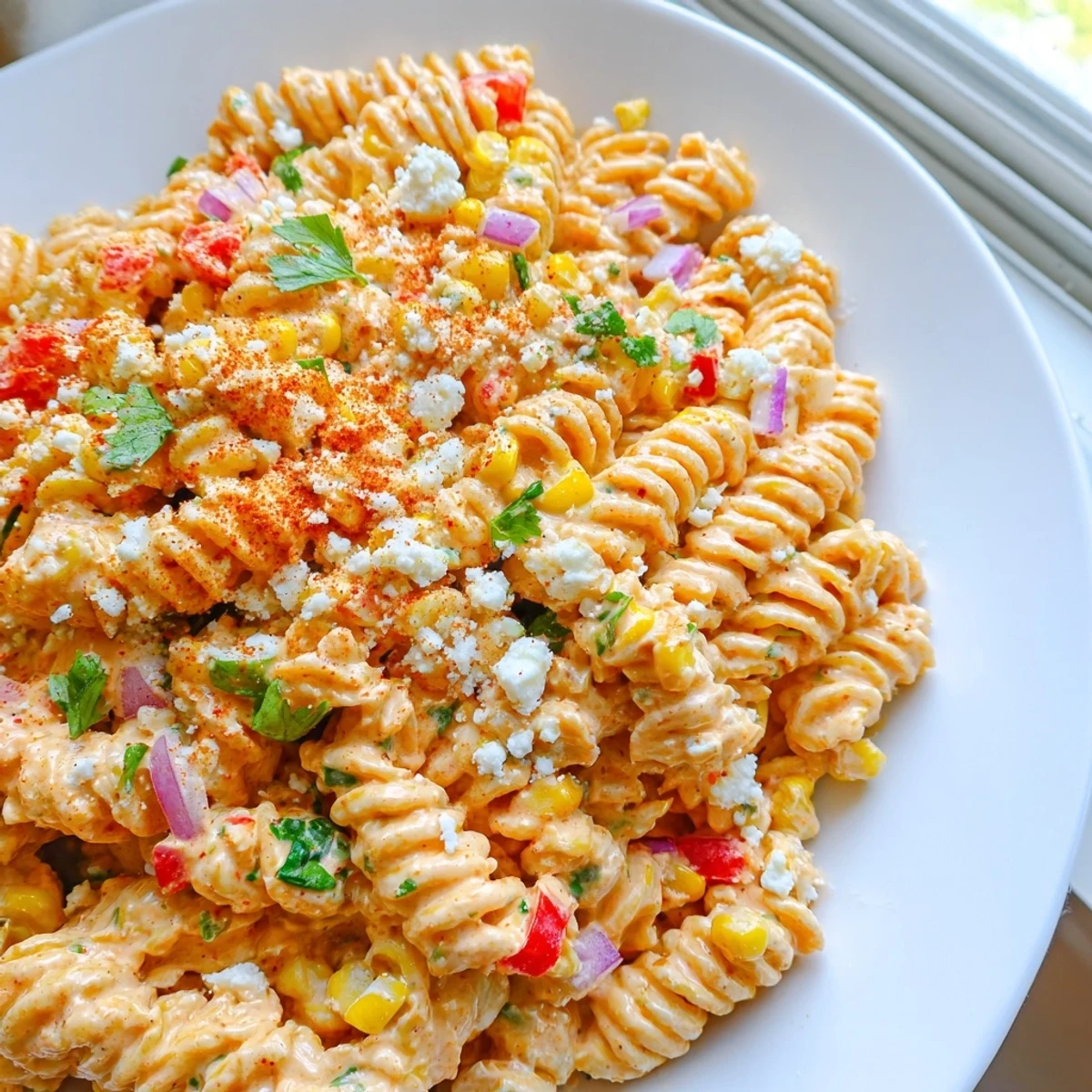 Charred corn and tender rotini tossed in a zesty lime dressing for this elote street corn pasta salad