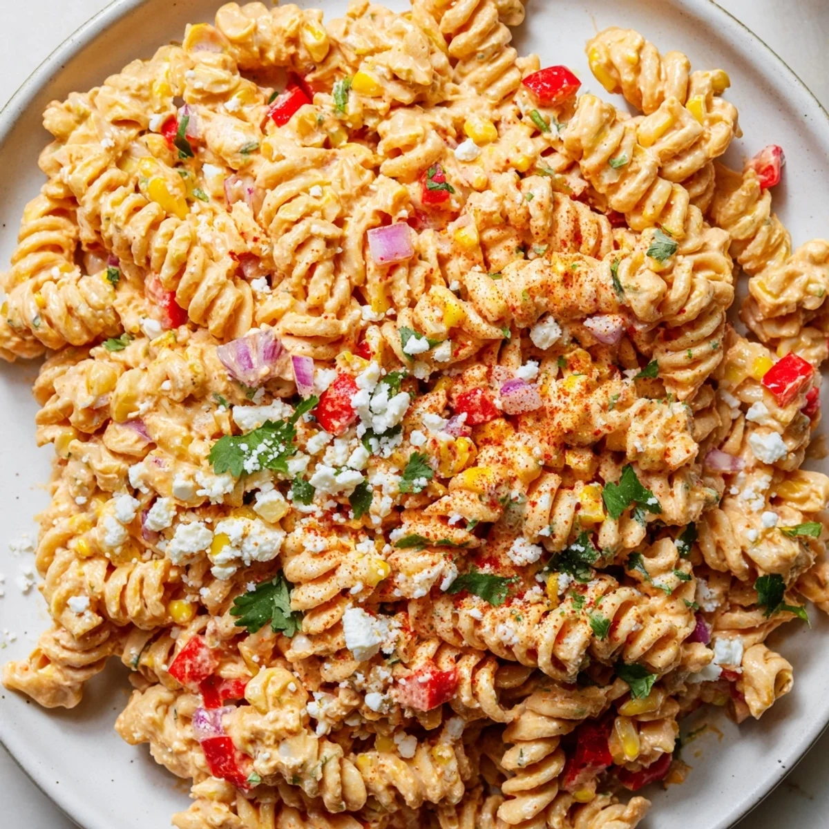 Vibrant elote street corn pasta salad served in a white bowl with a chili powder garnish