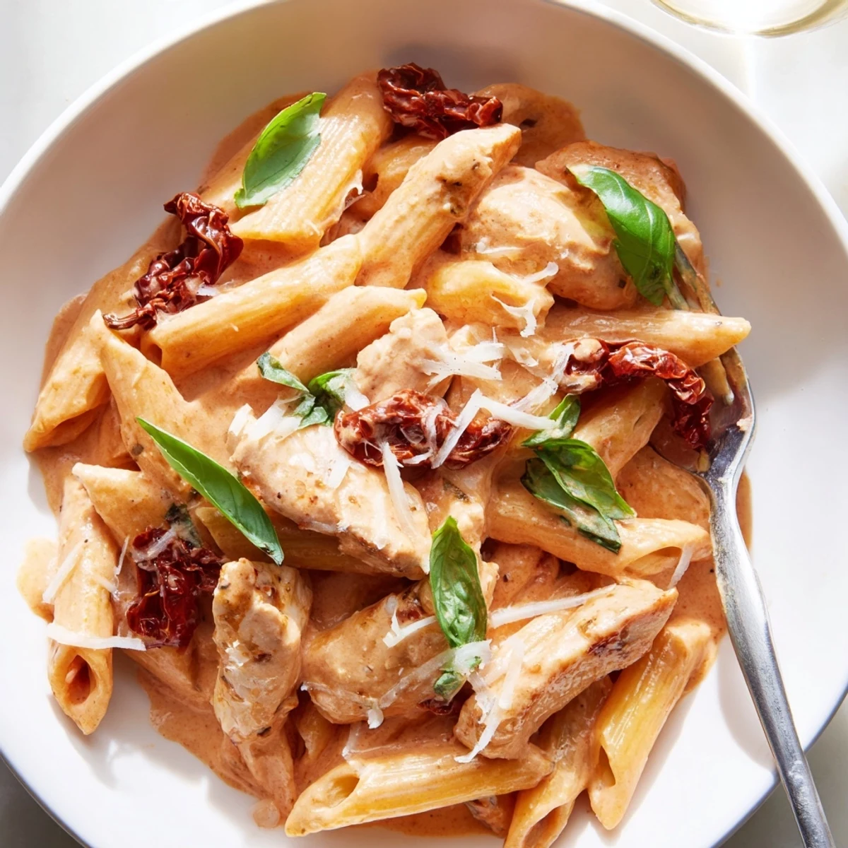 Golden sliced chicken nestled in Copycat Sun Dried Tomato Marry Me Chicken Pasta sauce