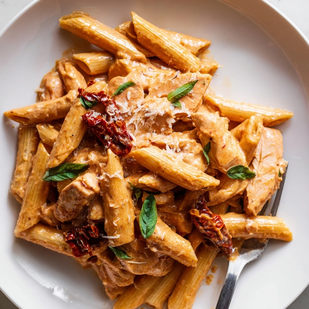 Creamy Copycat Sun Dried Tomato Marry Me Chicken Pasta topped with fresh basil leaves