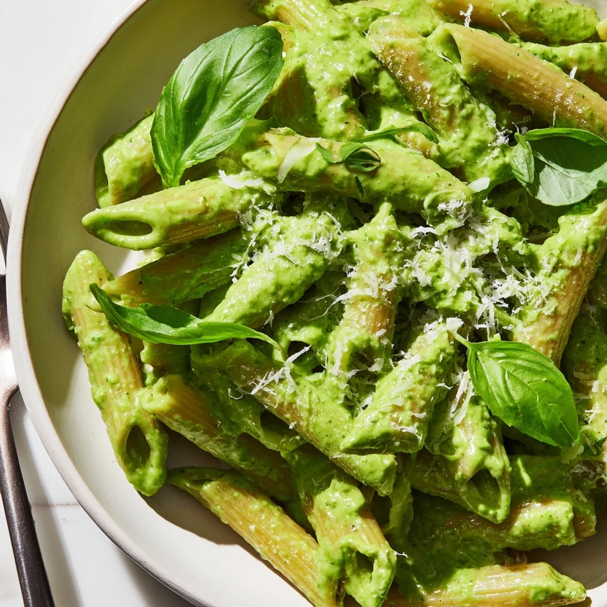 Creamy green goddess pasta sauce coated over tender noodles with fresh basil garnish