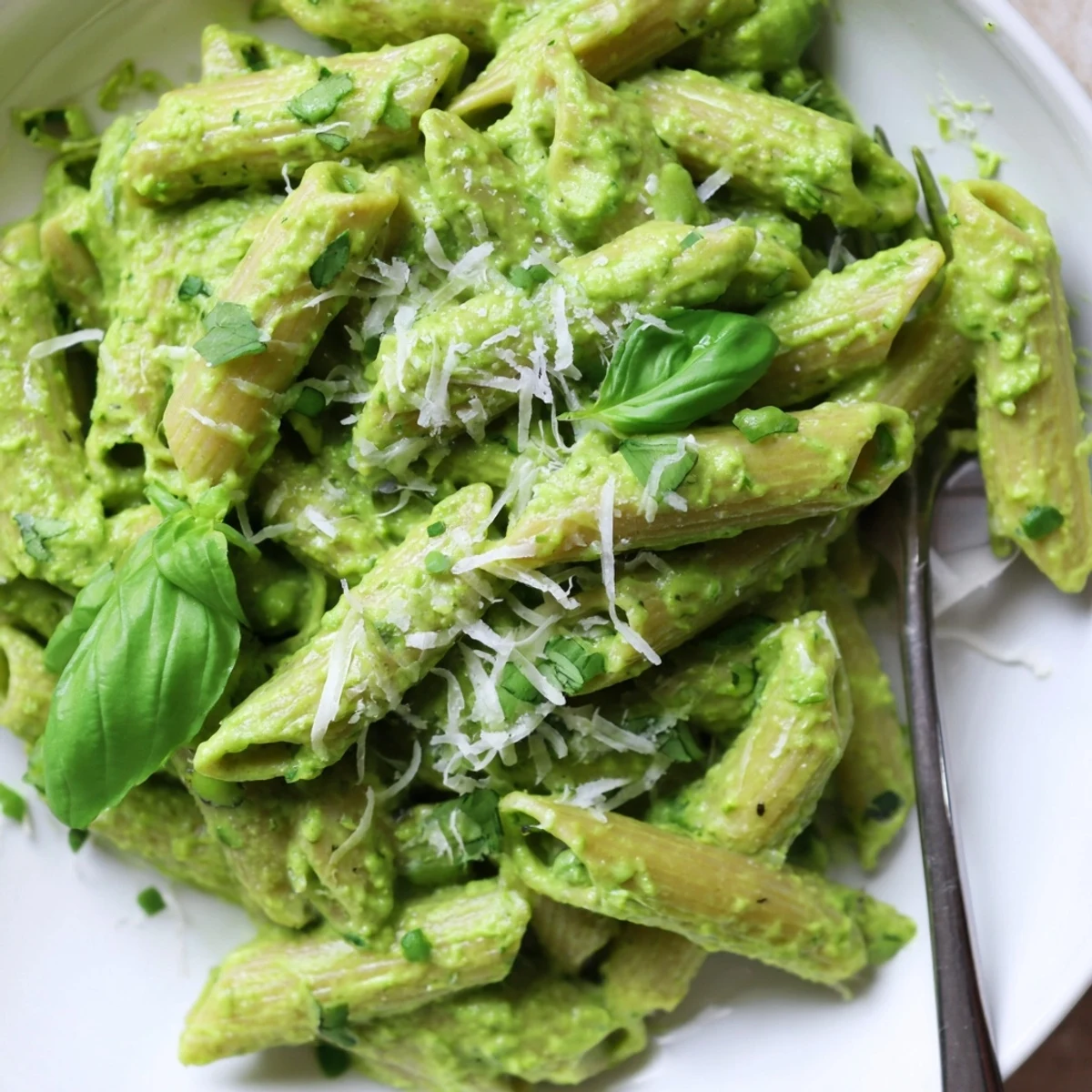 Smooth herbaceous green goddess pasta sauce draped over spaghetti in a ceramic serving bowl