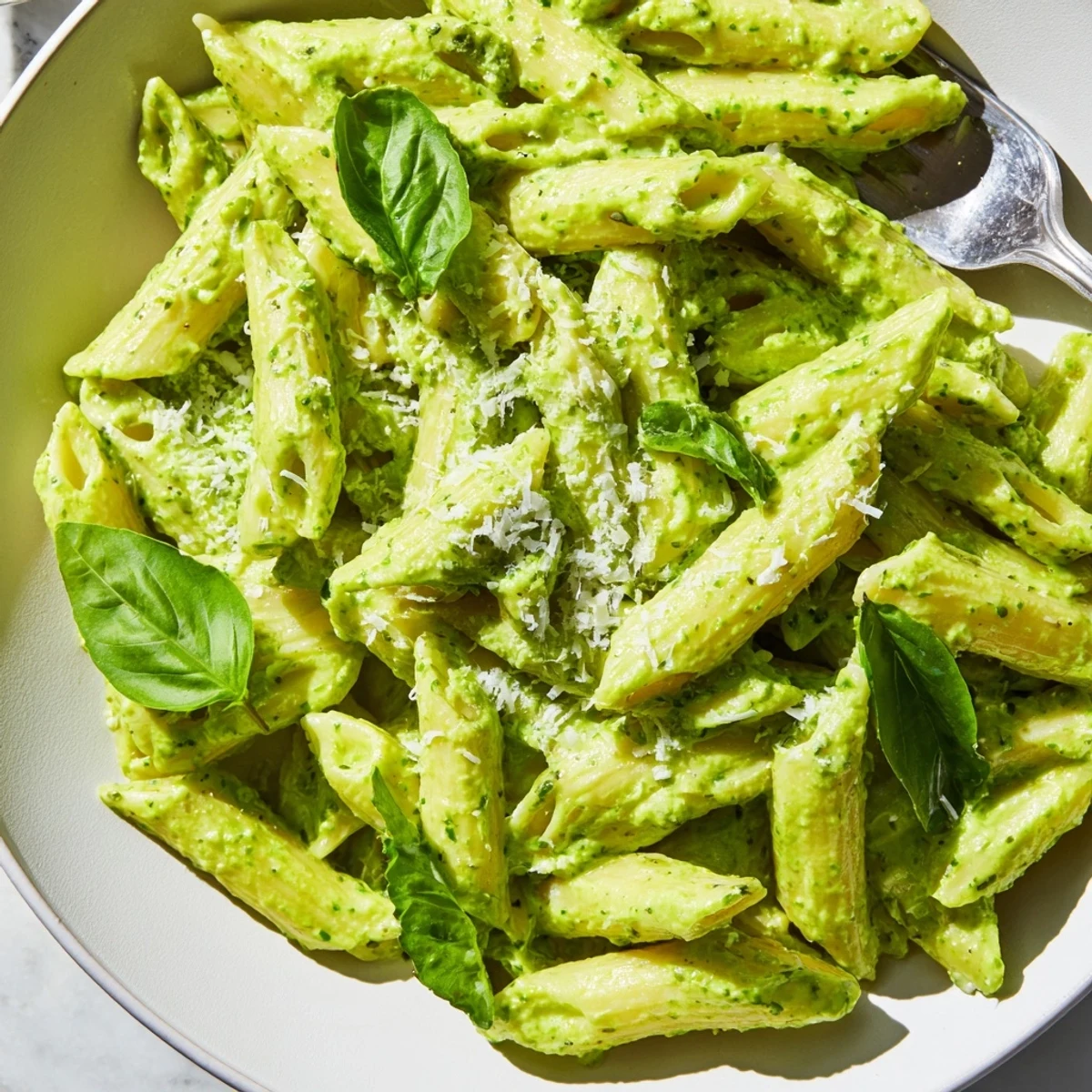 Vibrant green goddess pasta sauce tossed with penne and sprinkled with parmesan cheese