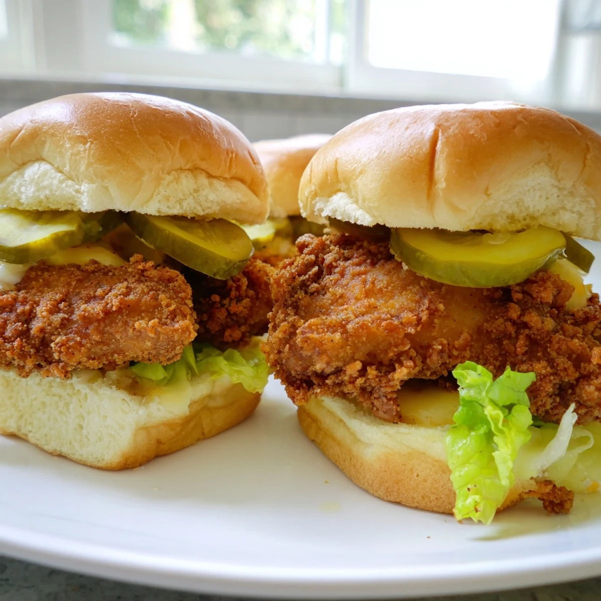 Golden crispy pickle brined fried chicken sliders stacked on soft buns with pickles and lettuce