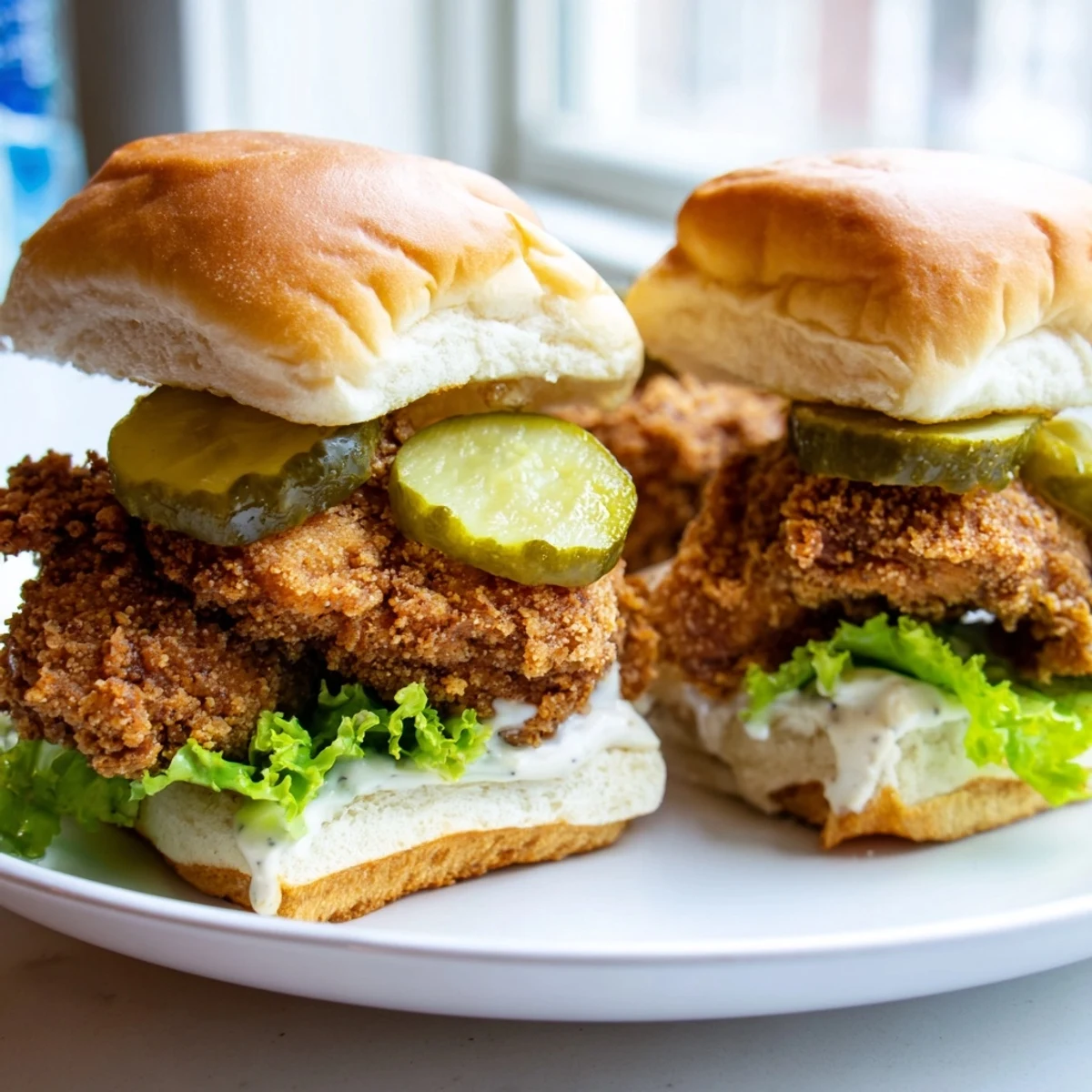 Bite-sized pickle brined fried chicken sliders featuring juicy golden tenders and fresh toppings on pillowy buns