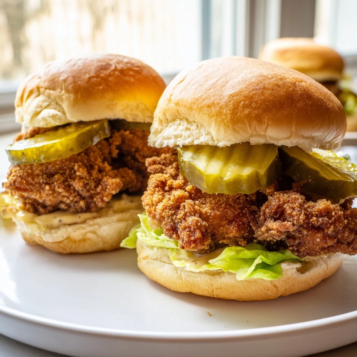Crunchy pickle brined fried chicken sliders drizzled with tangy mustard mayo on toasted buns