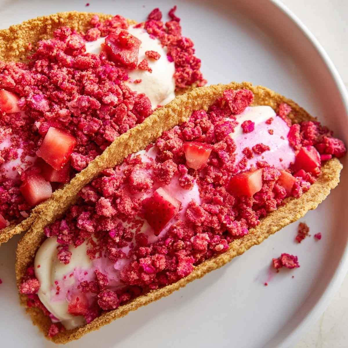 Crispy cinnamon sugar taco shells brimming with creamy strawberry crunch cheesecake tacos filling