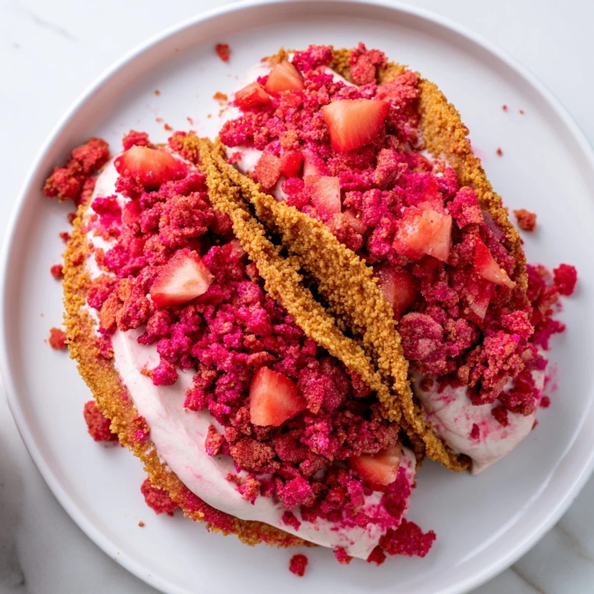 Golden baked tortilla shells filled with fluffy cheesecake mousse and bright strawberry crunch crumble topping