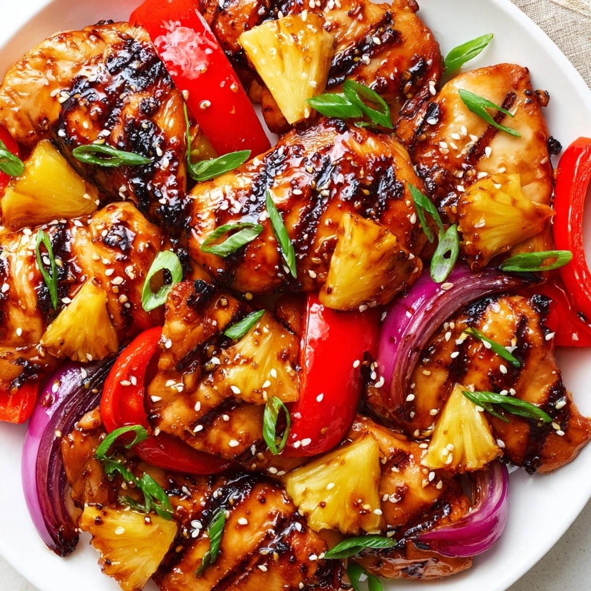 Golden Hawaiian chicken thighs coated in glossy pineapple soy glaze with vibrant bell peppers