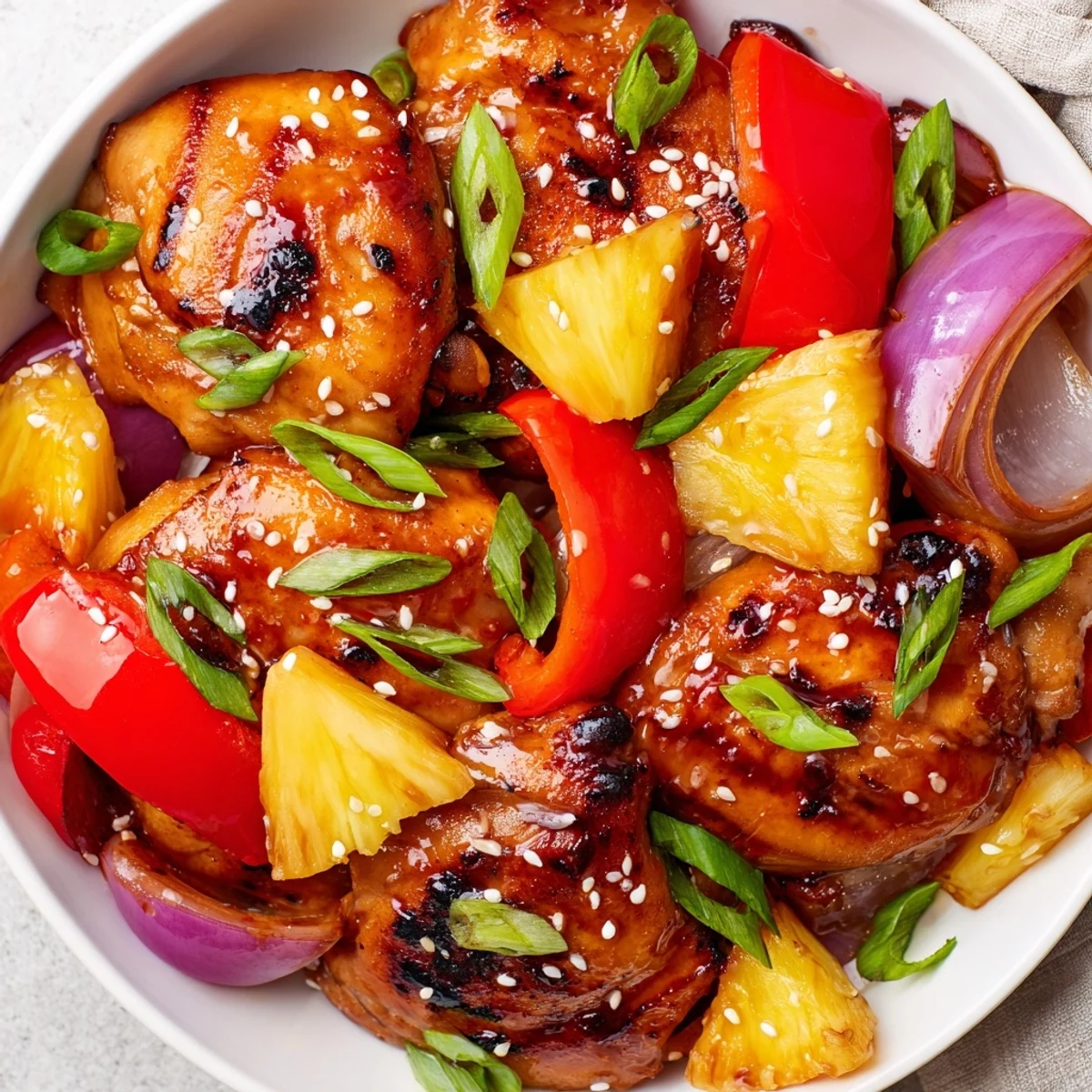 Caramelized Hawaiian chicken nestled alongside tender stir-fried onions and juicy pineapple chunks