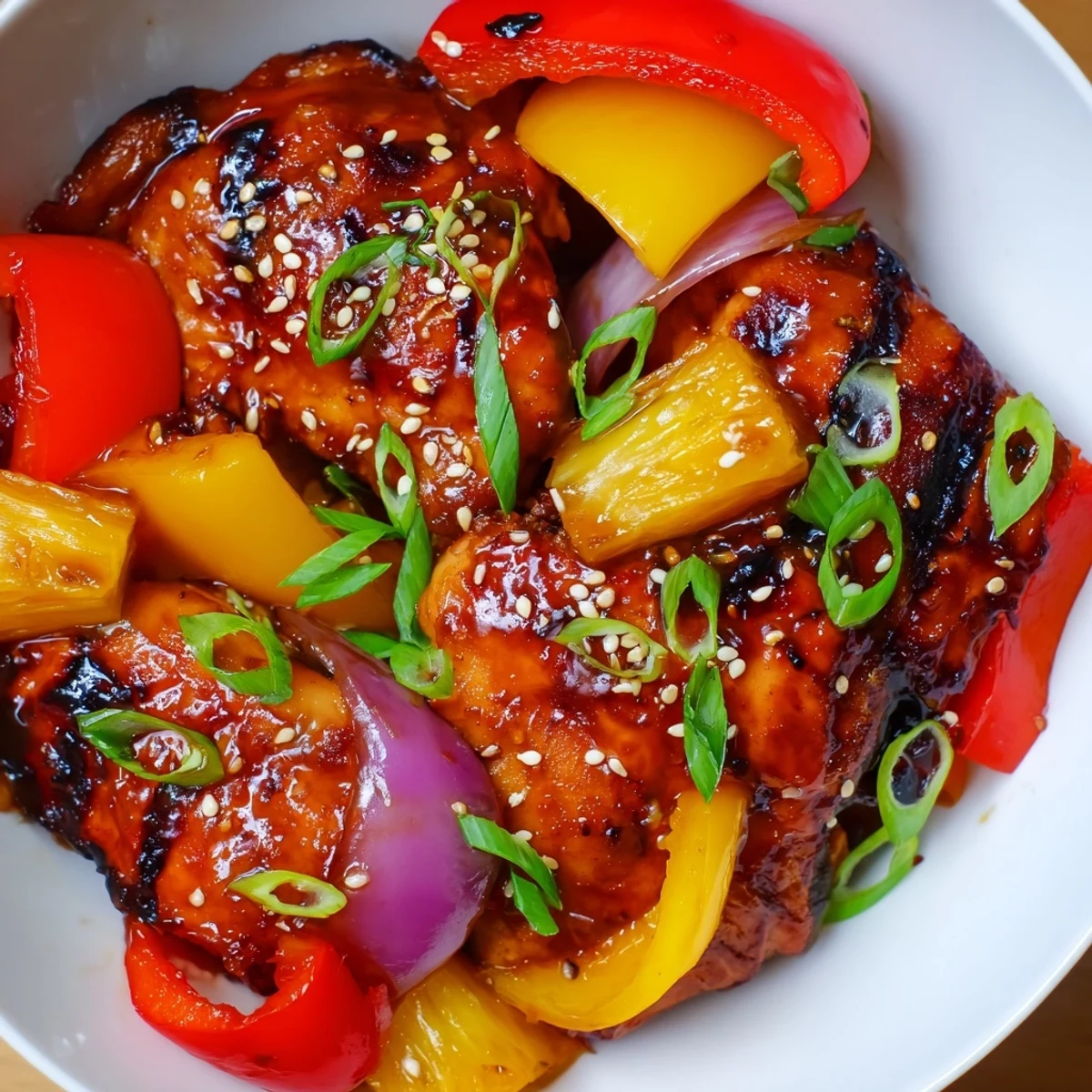 Steaming plate of Hawaiian chicken drizzled with thick sweet-tangy sauce and sesame seed garnish