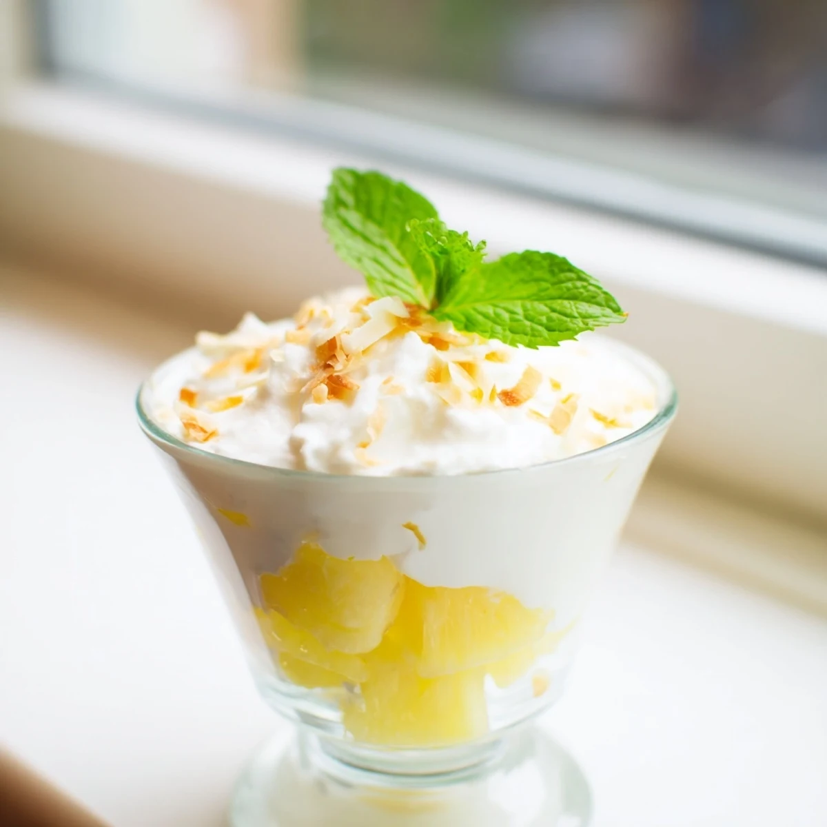 Mini pineapple condensed coconut milk cups topped with toasted coconut flakes and fresh mint