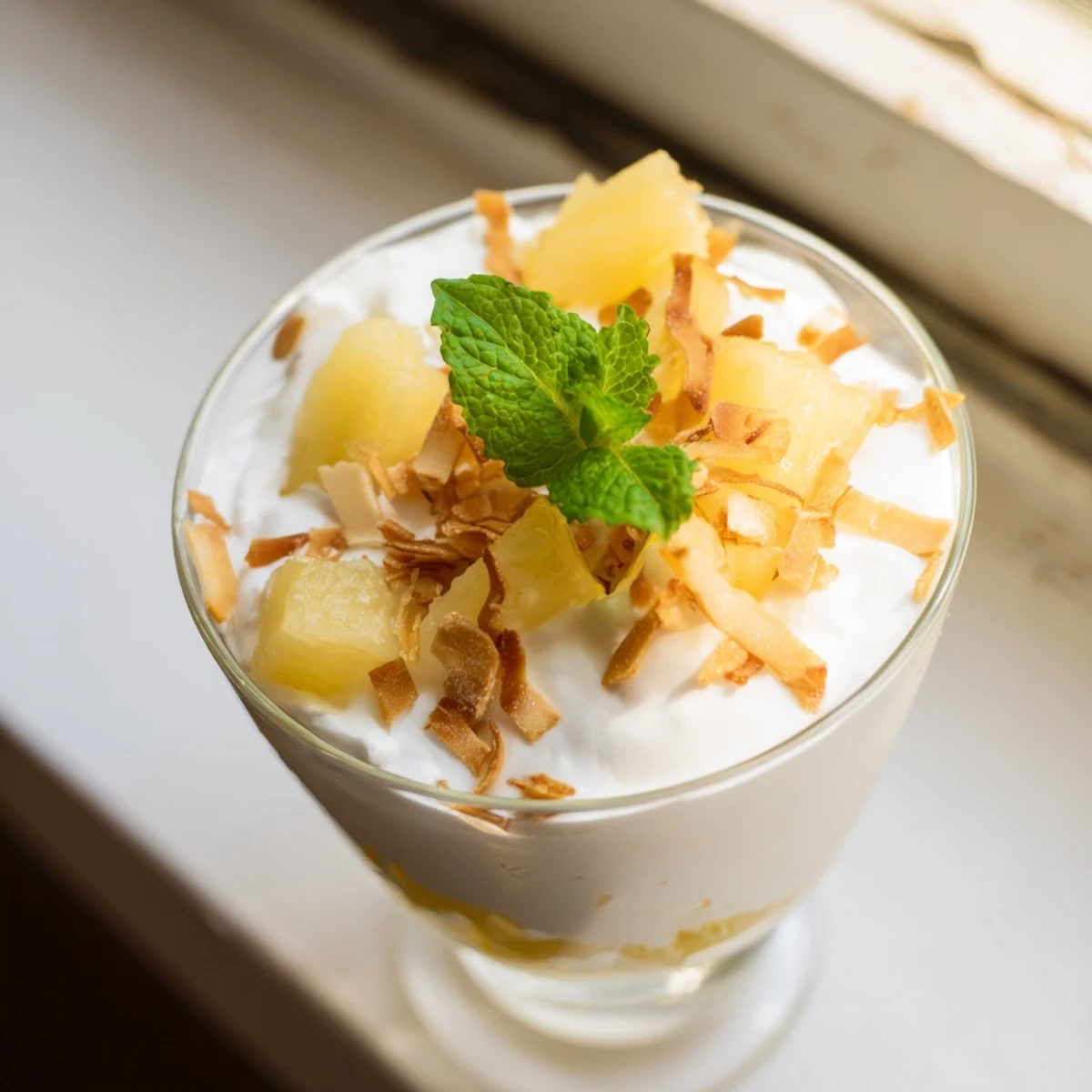Creamy mini pineapple condensed coconut milk dessert served in elegant individual glasses with mint garnish