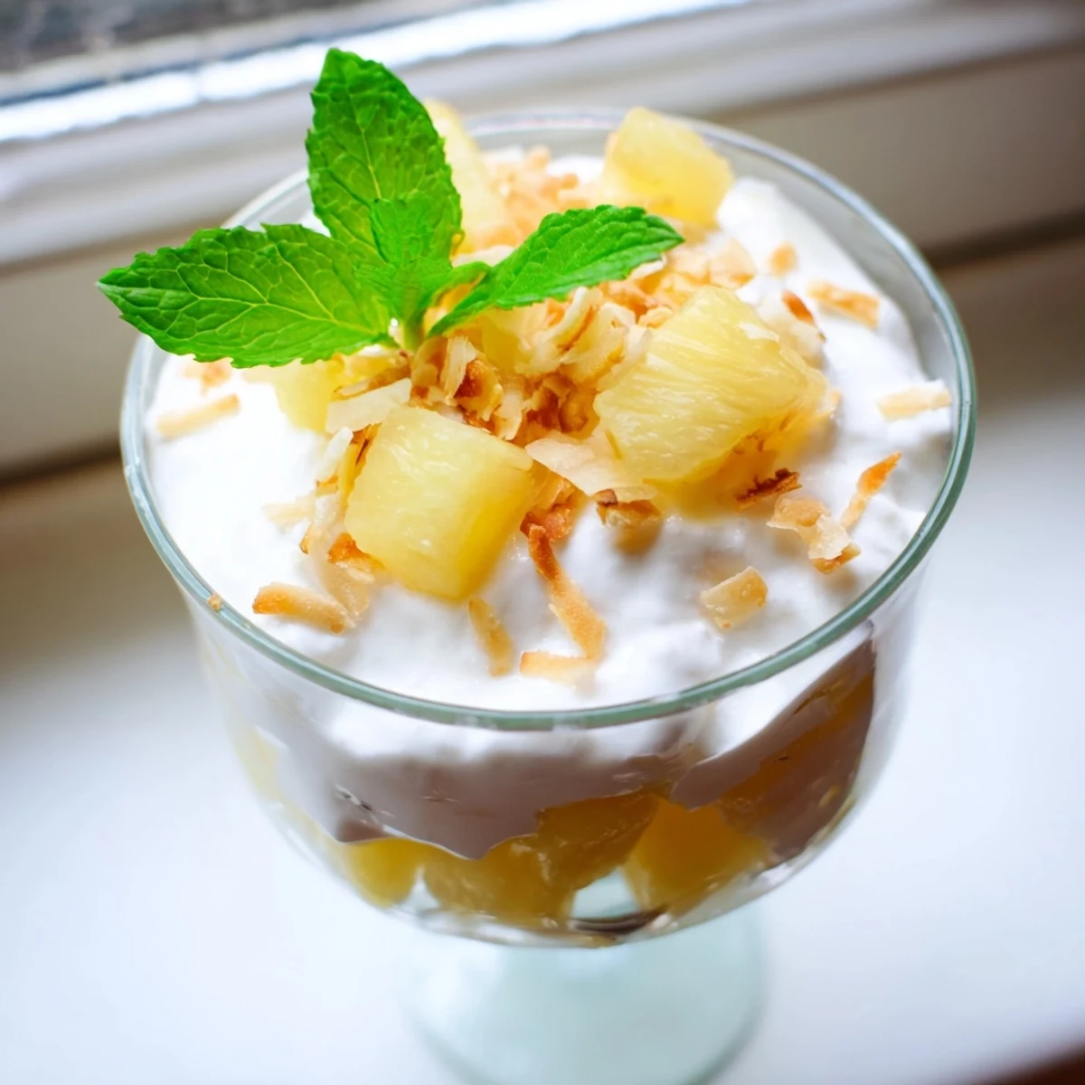 Juicy pineapple chunks layered with smooth condensed coconut milk in charming mini dessert cups