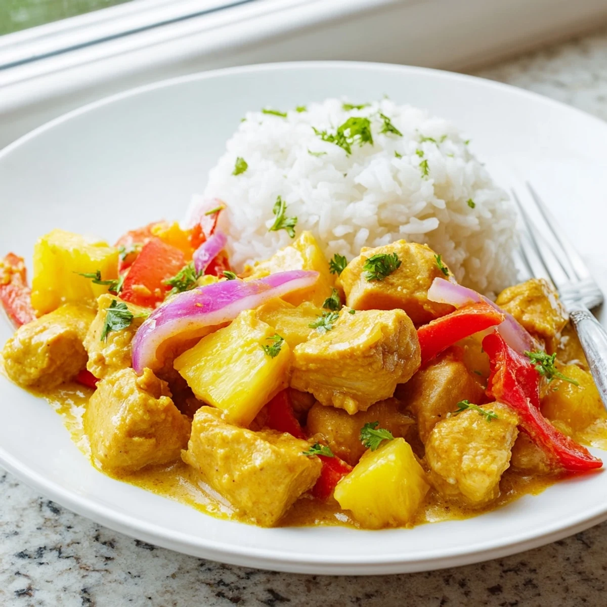 Golden seared chicken and pineapple in a creamy coconut lime sauce over jasmine rice