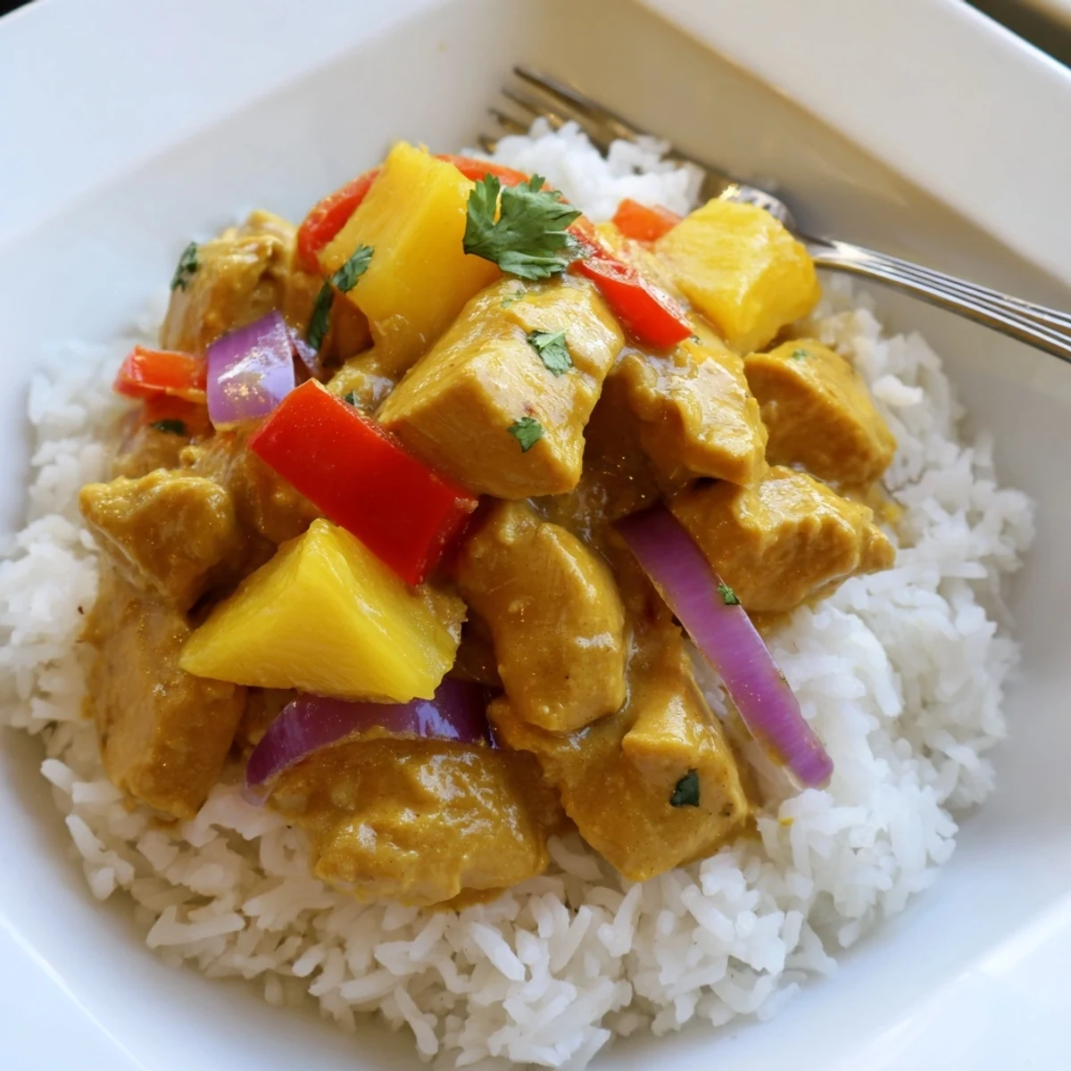 Juicy cubed chicken nestled among colorful bell peppers and pineapple chunks in a fragrant coconut turmeric broth