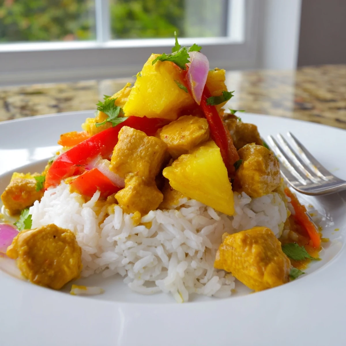 Tender chicken simmered with fresh pineapple chunks, sliced peppers, and herbs in a rich coconut lime sauce
