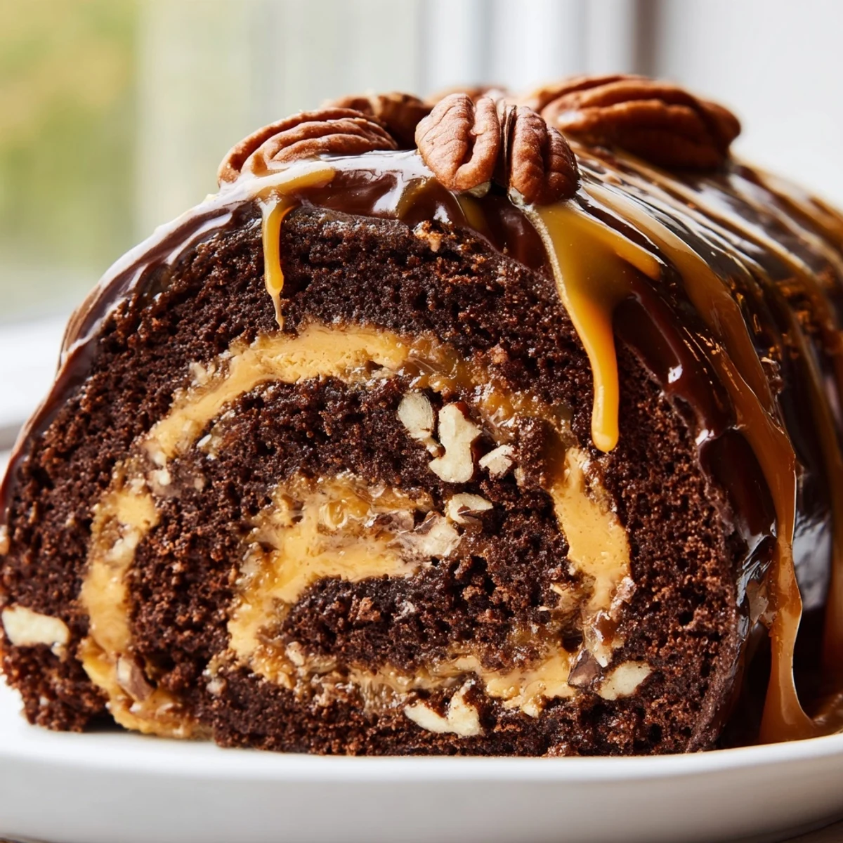 Gooey Chocolate Caramel Turtle Cake Roll drizzled with ganache on a rustic platter