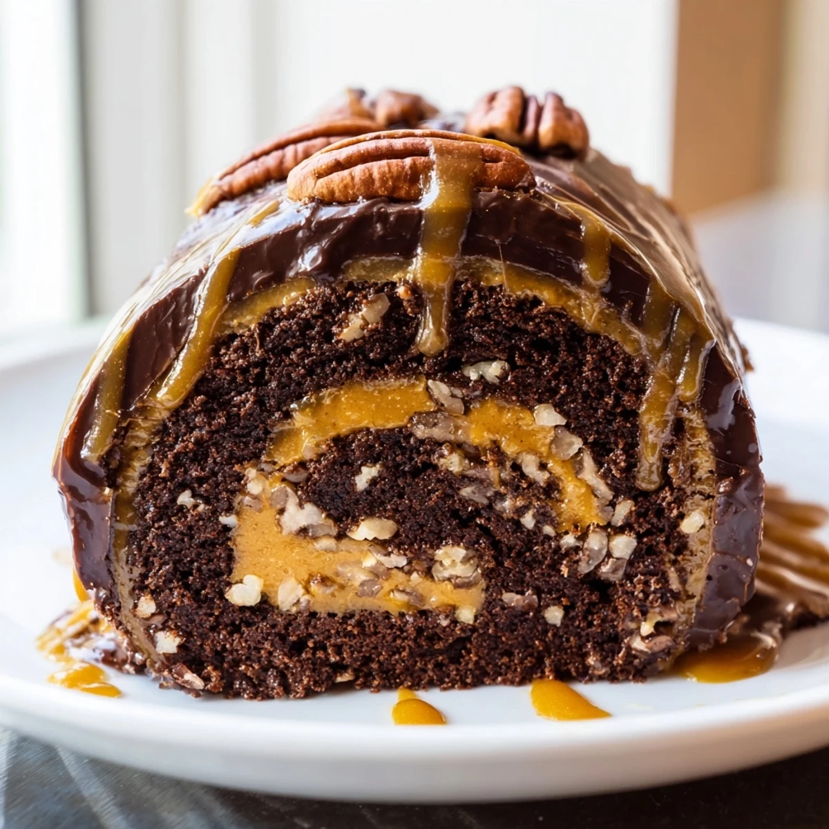Swirled slice of Gooey Chocolate Caramel Turtle Cake Roll topped with crunchy pecan halves