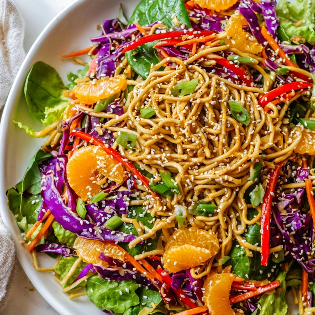 Crisp Mandarin Sesame Crunch Salad drizzled with tangy sesame dressing in a wooden bowl