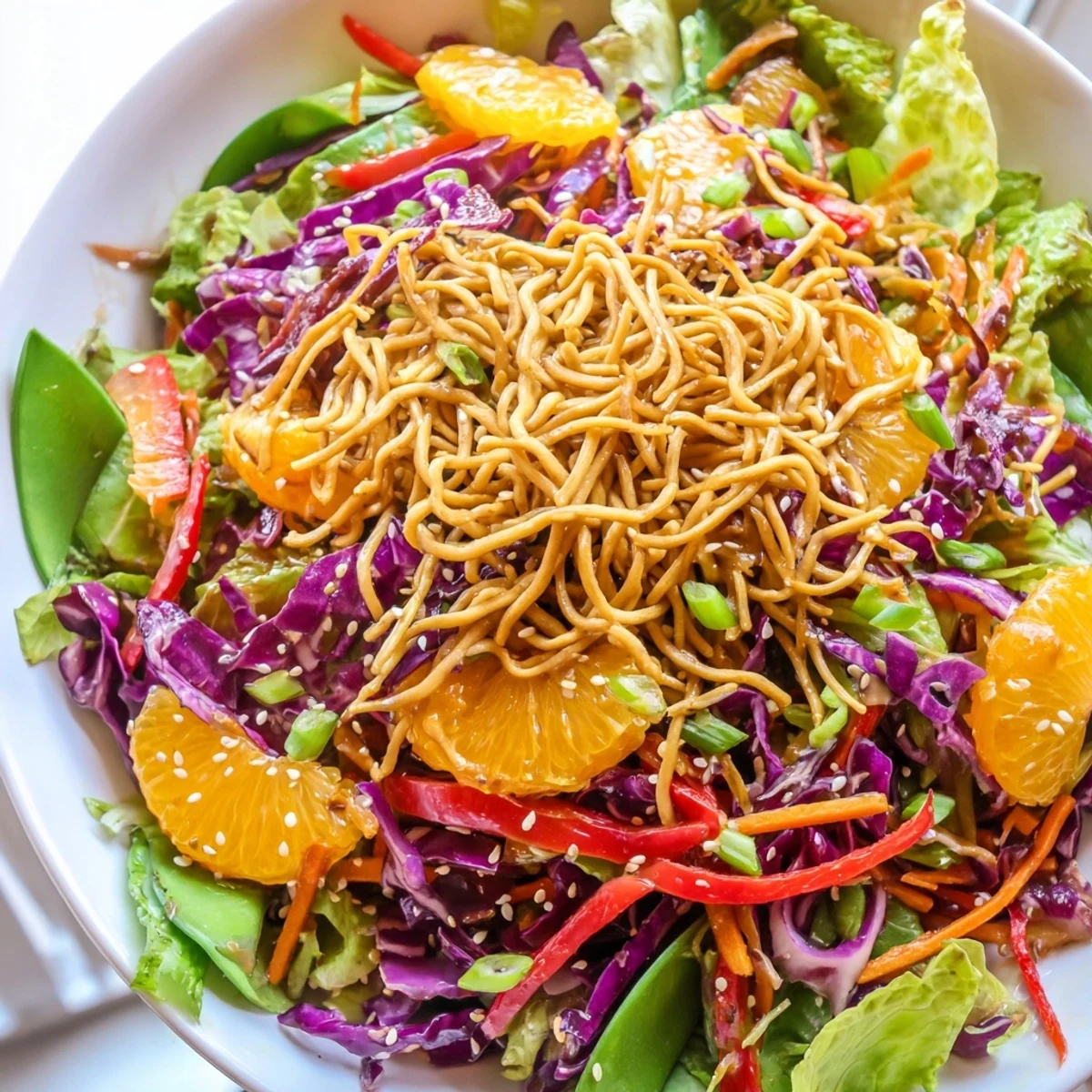 Colorful Mandarin Sesame Crunch Salad with fresh greens and golden toasted sesame topping