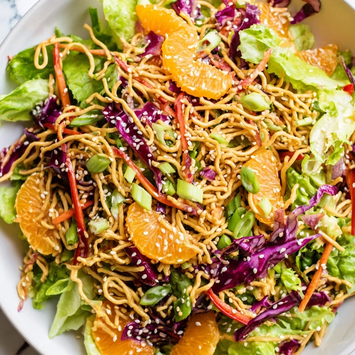 Mandarin Sesame Crunch Salad featuring vibrant shredded cabbage carrots and sweet orange segments