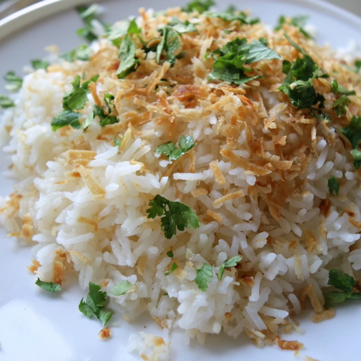 Creamy coconut rice served in a bowl with toasted coconut and fresh cilantro garnish
