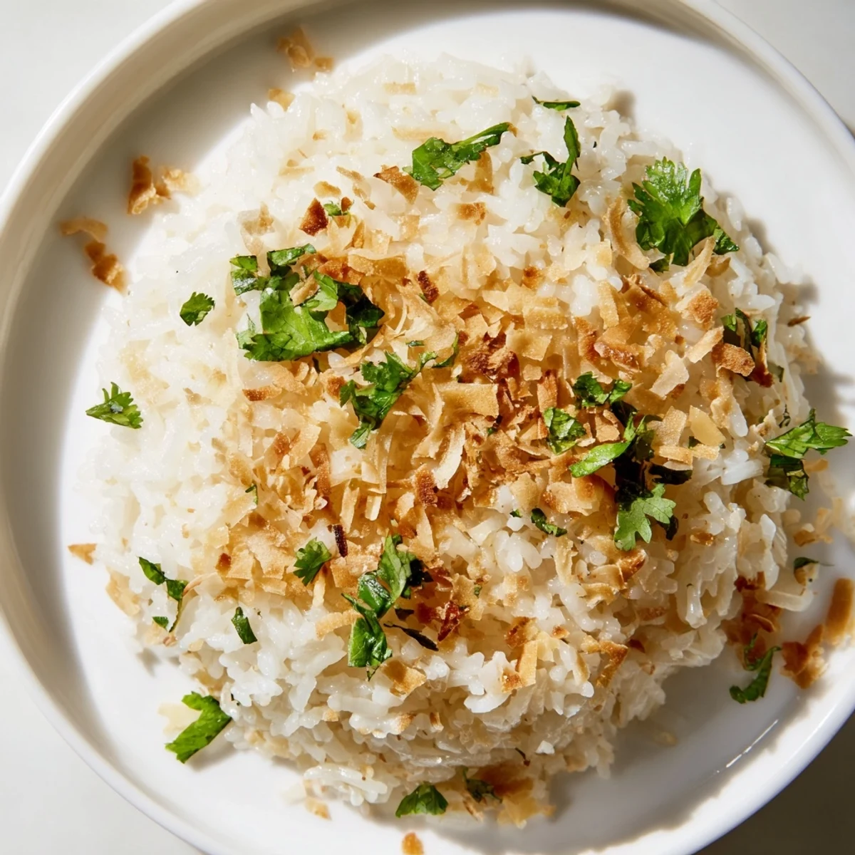 Steaming jasmine coconut rice fluffy and fragrant on a rustic wooden serving spoon