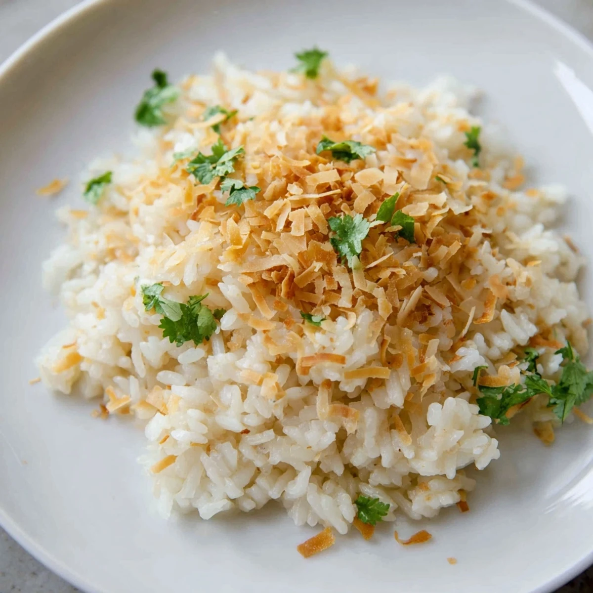 Golden coconut rice topped with shredded coconut beside a bowl of green curry
