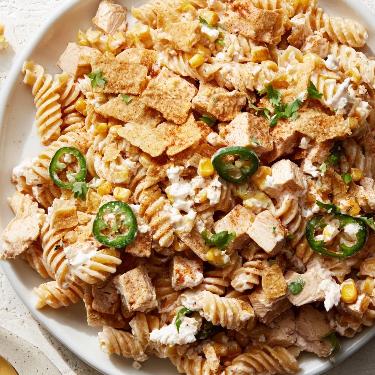 Creamy Mexican street corn chicken pasta salad topped with crushed tortilla chips and fresh cilantro