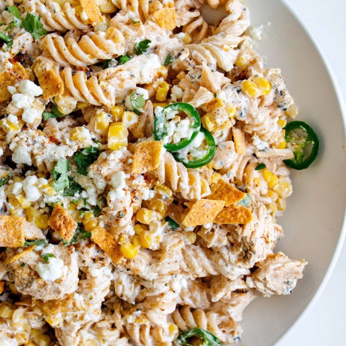 Golden charred corn and tender chicken tossed in zesty elote style pasta salad with cotija cheese