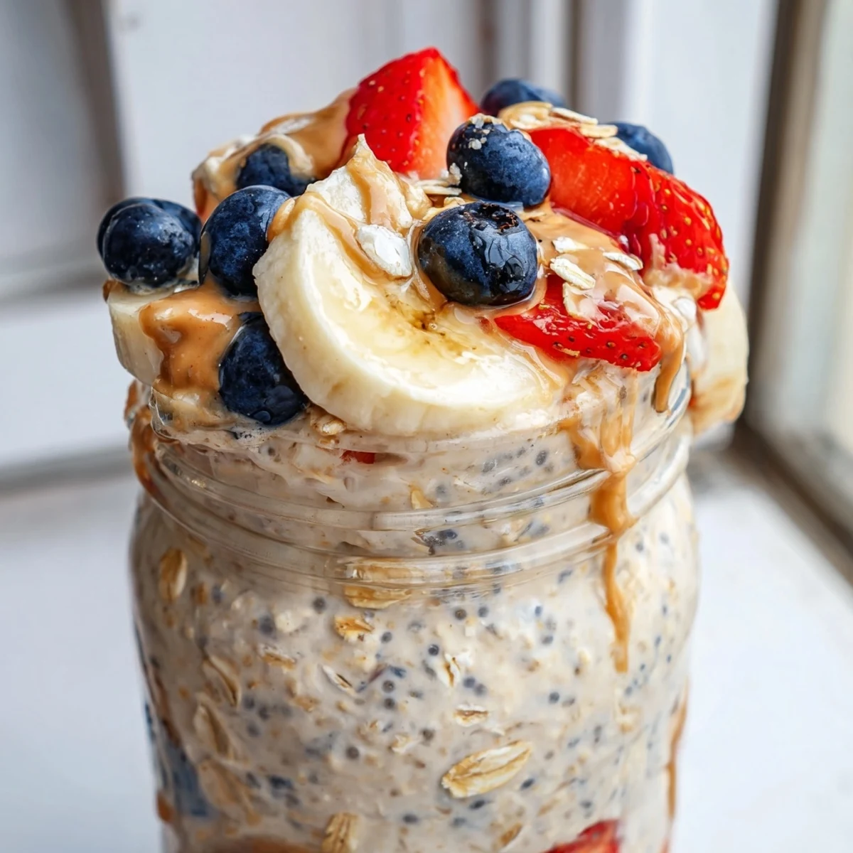 Thick and creamy protein overnight oats topped with fresh berries and chopped nuts in a glass jar