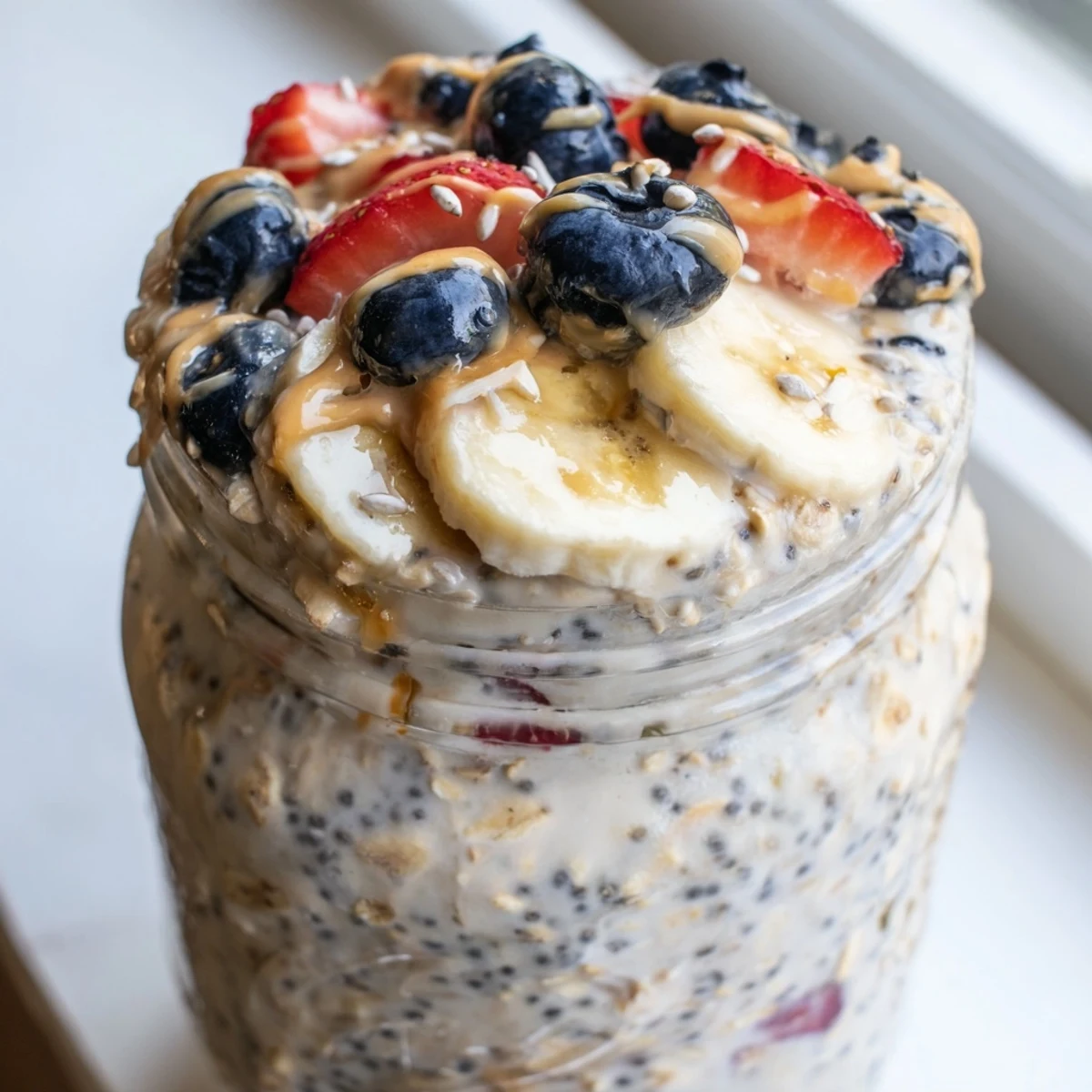 Velvety protein overnight oats swirled with Greek yogurt and drizzled nut butter in a mason jar