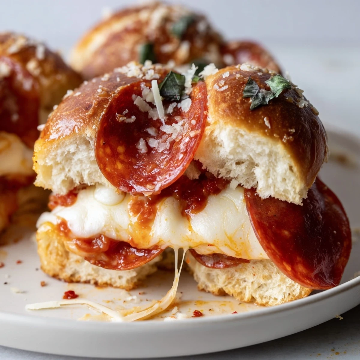 Hot Honey Pepperoni Pizza Sliders with gooey melted cheese and golden brushed buns
