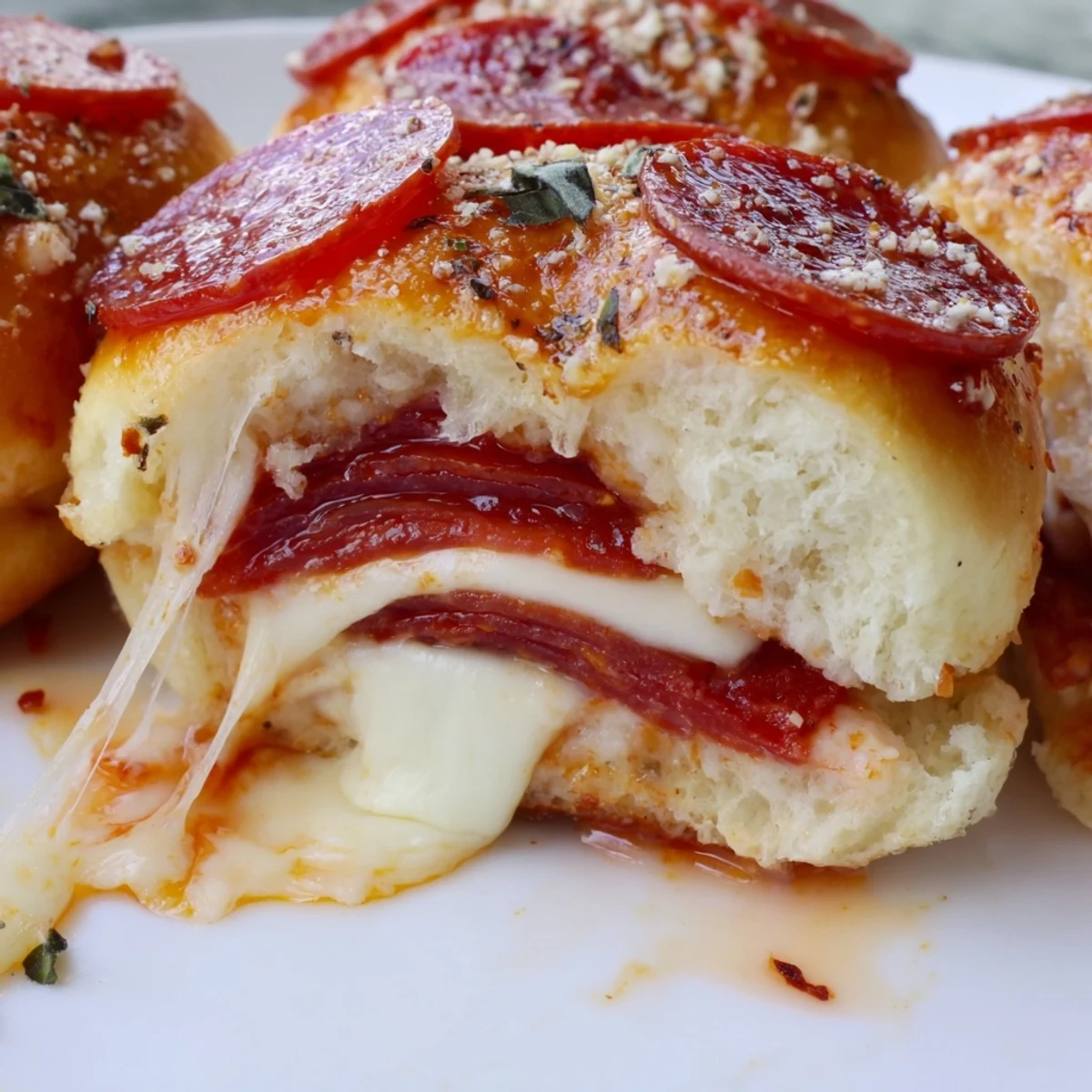Pull-apart Hot Honey Pepperoni Pizza Sliders layered with tangy sauce and fresh basil