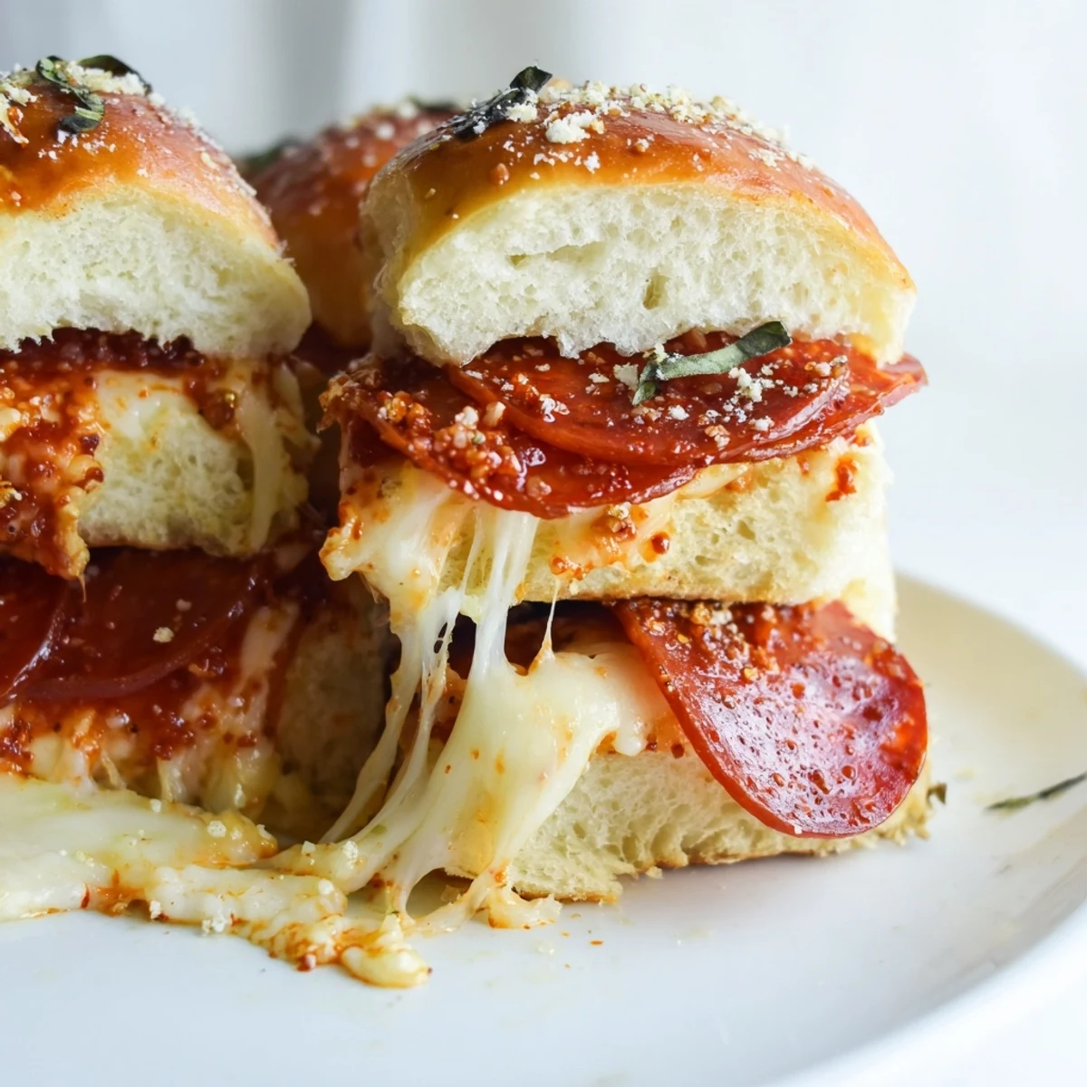 Crispy baked Hot Honey Pepperoni Pizza Sliders dripping with sweet-spicy butter glaze