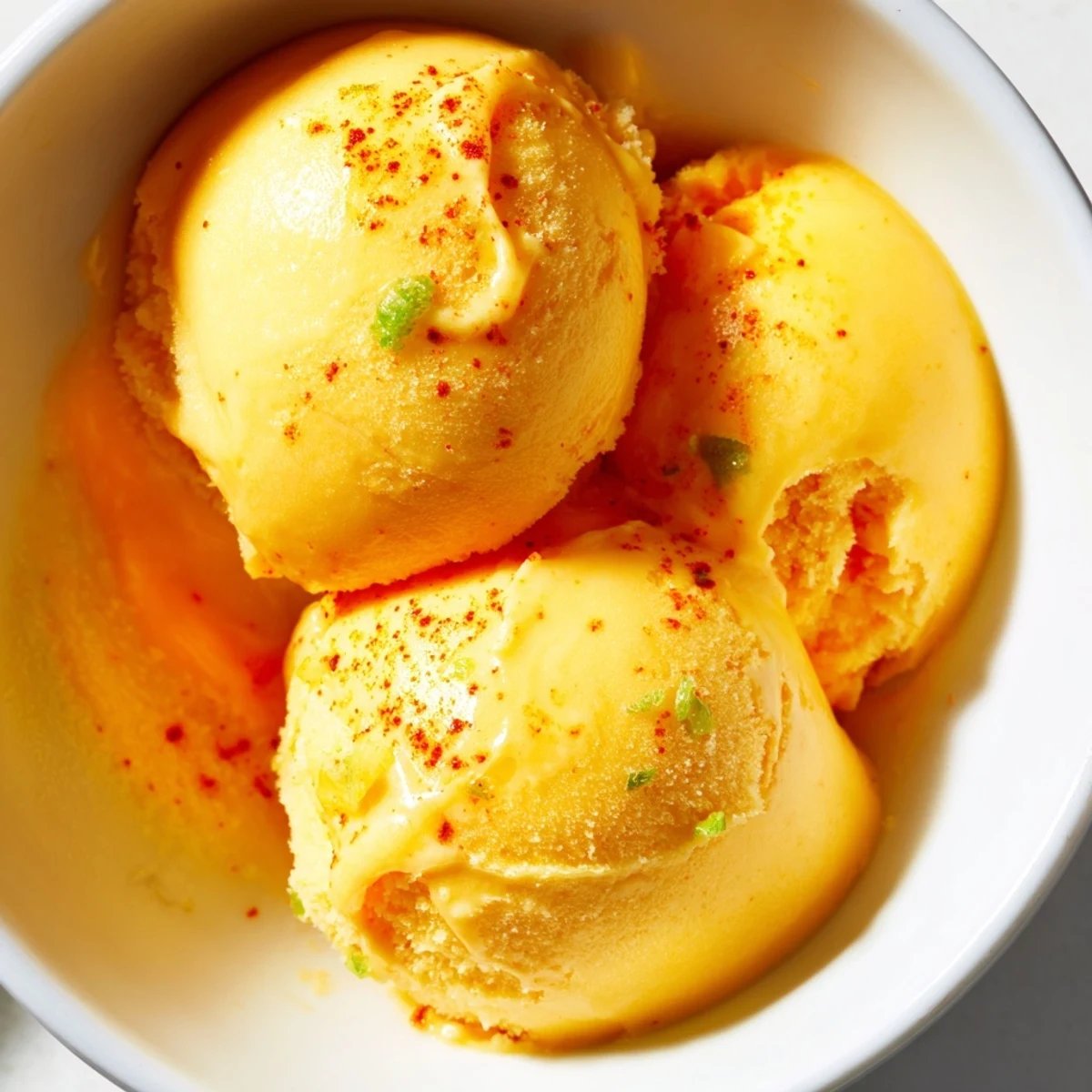 A vibrant bowl of creamy chili lime mango sorbet topped with fresh lime zest
