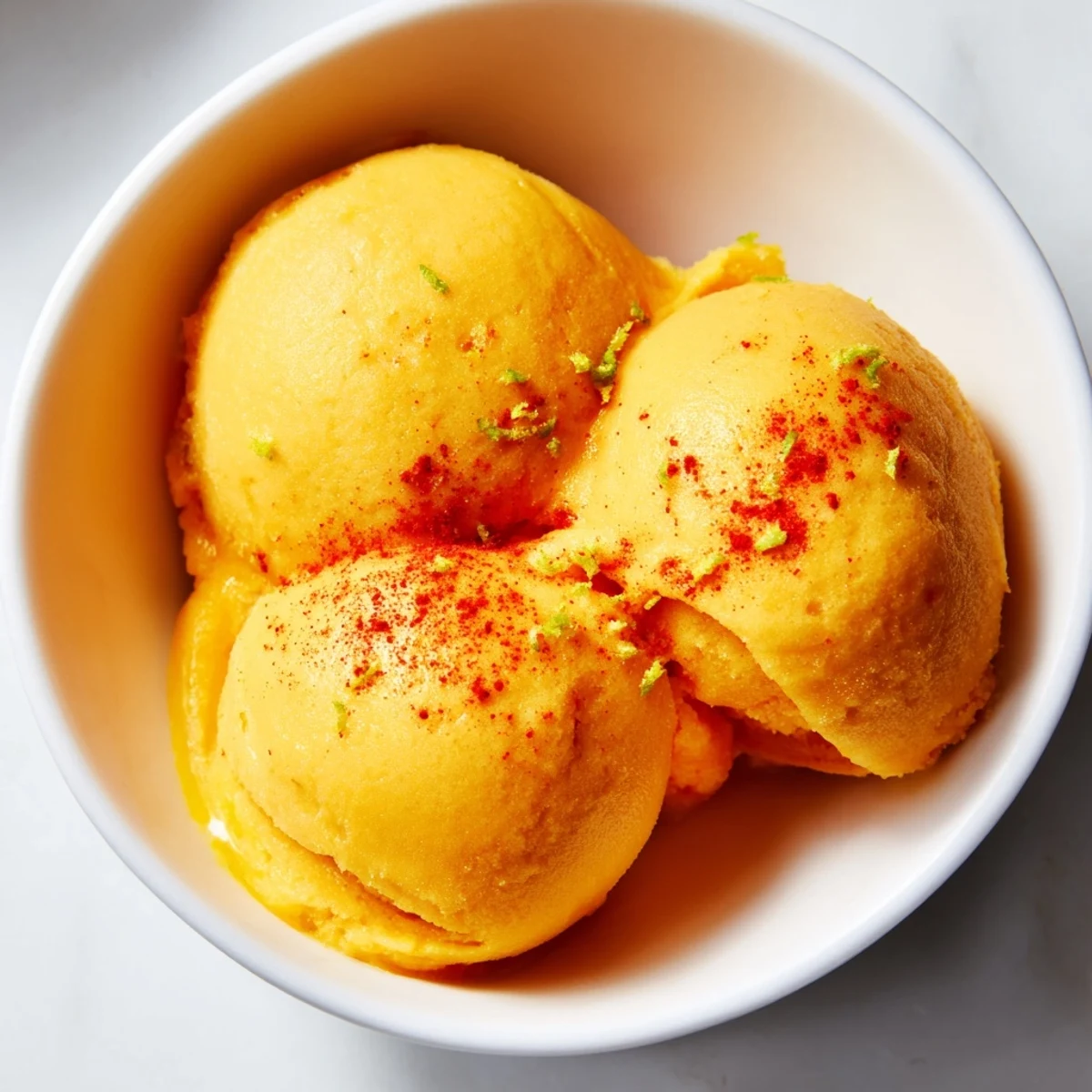 Golden scoops of creamy chili lime mango sorbet glistening on a warm summer day