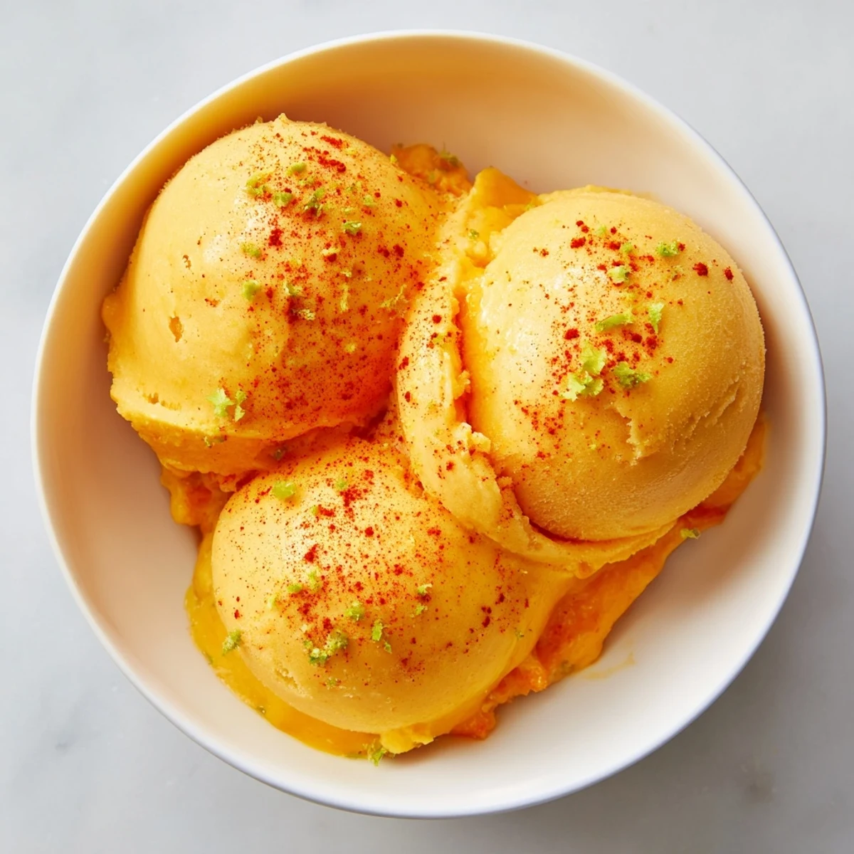 Smooth and creamy chili lime mango sorbet served in chilled bowls with mint garnish