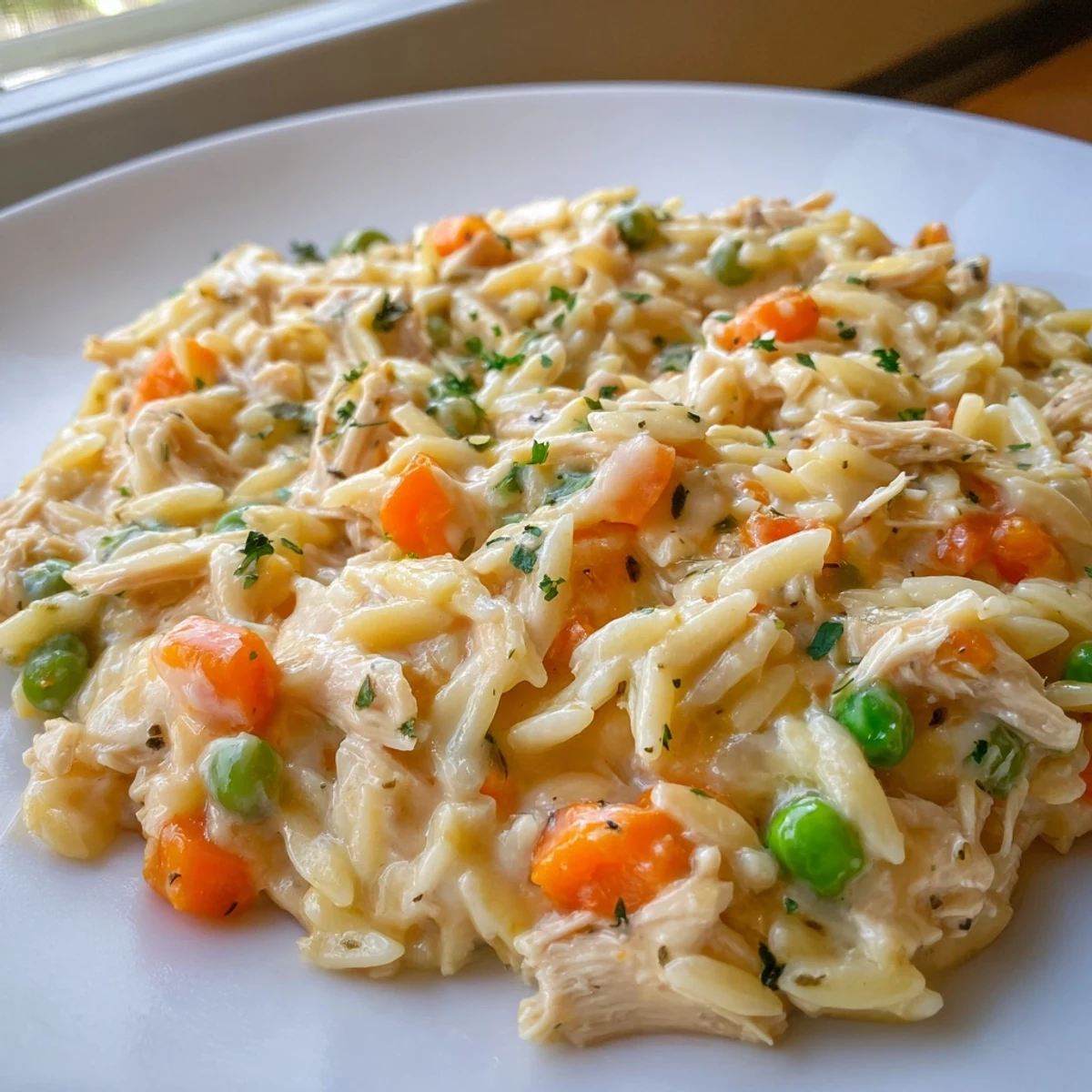 Steaming bowl of creamy chicken pot pie orzo loaded with tender vegetables and golden sauce
